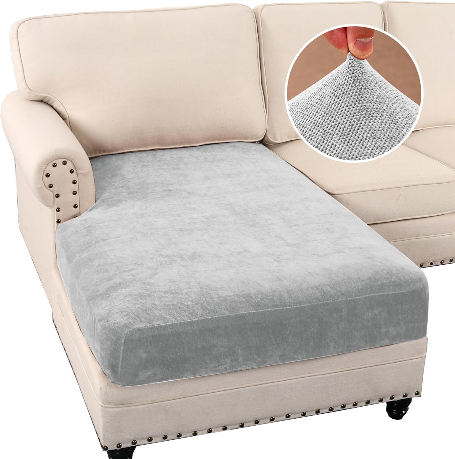 LINGKY Corner Sofa Covers Stretch Chenille Sofa Seat Cushion Covers for Sectional Sofa, Sofa Cushion Slipcovers for L Shaped Sofa, Couch Cushion Covers with Elastic Bottom (Light Grey,Chaise Cover)