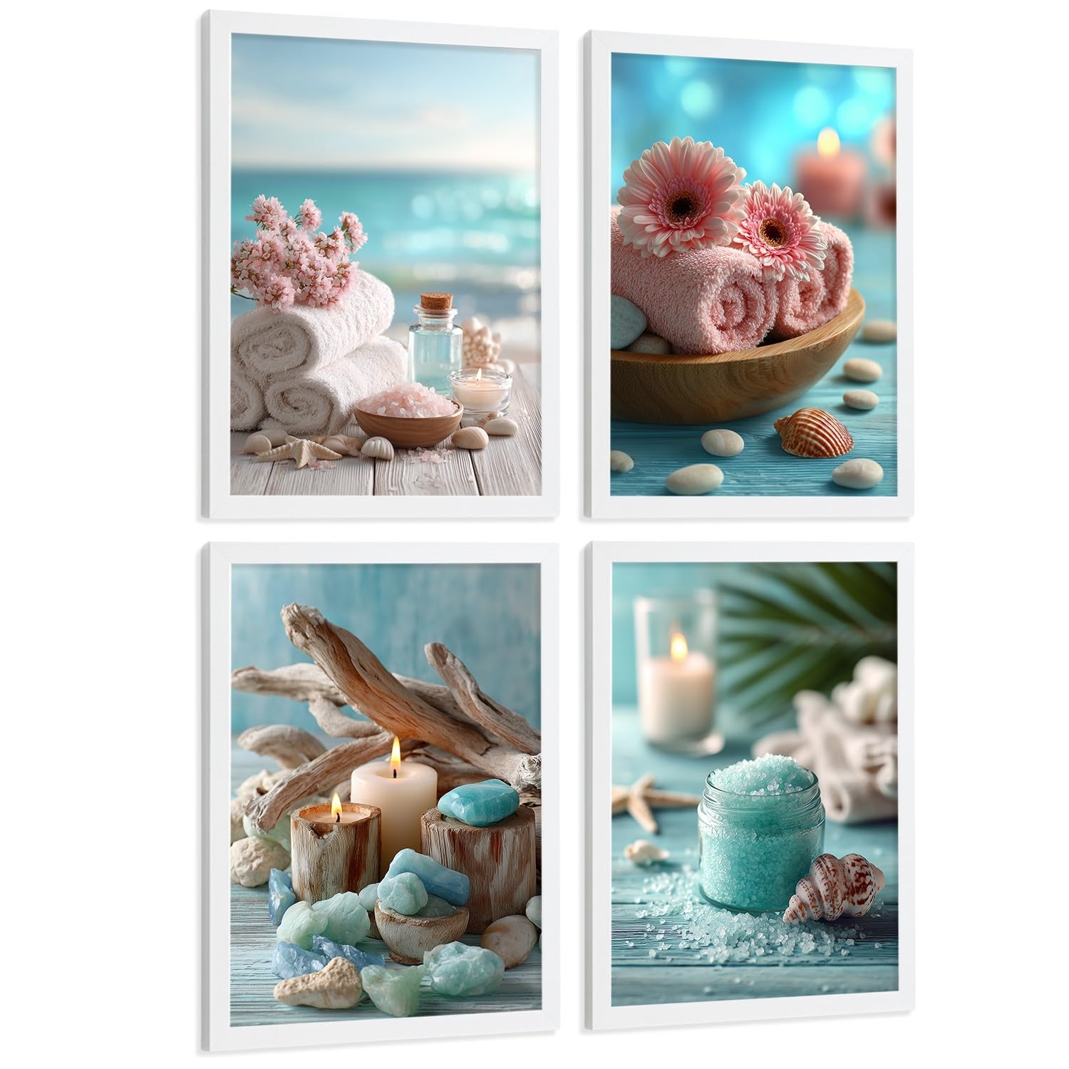 Nacnic Set De 4 Cuadros Baño Decoracion Poster Estilo Playa Spa Para Pared Lavabo Ducha Wc Y Aseo Con Conchas Velas Toallas Y Sales Marinas A4 Marco Blanco