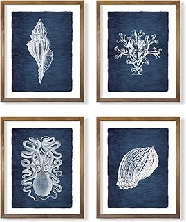 Navy Blue Nautical Themed Wall Art - Sea Shell Grass Octupus Poster Print - Ocean Sea Creature Pictures for Beach Cabin - Rustic Farmhouse Kitchen Bathroom - Vintage Gift Small Coastal Art Wall Decor