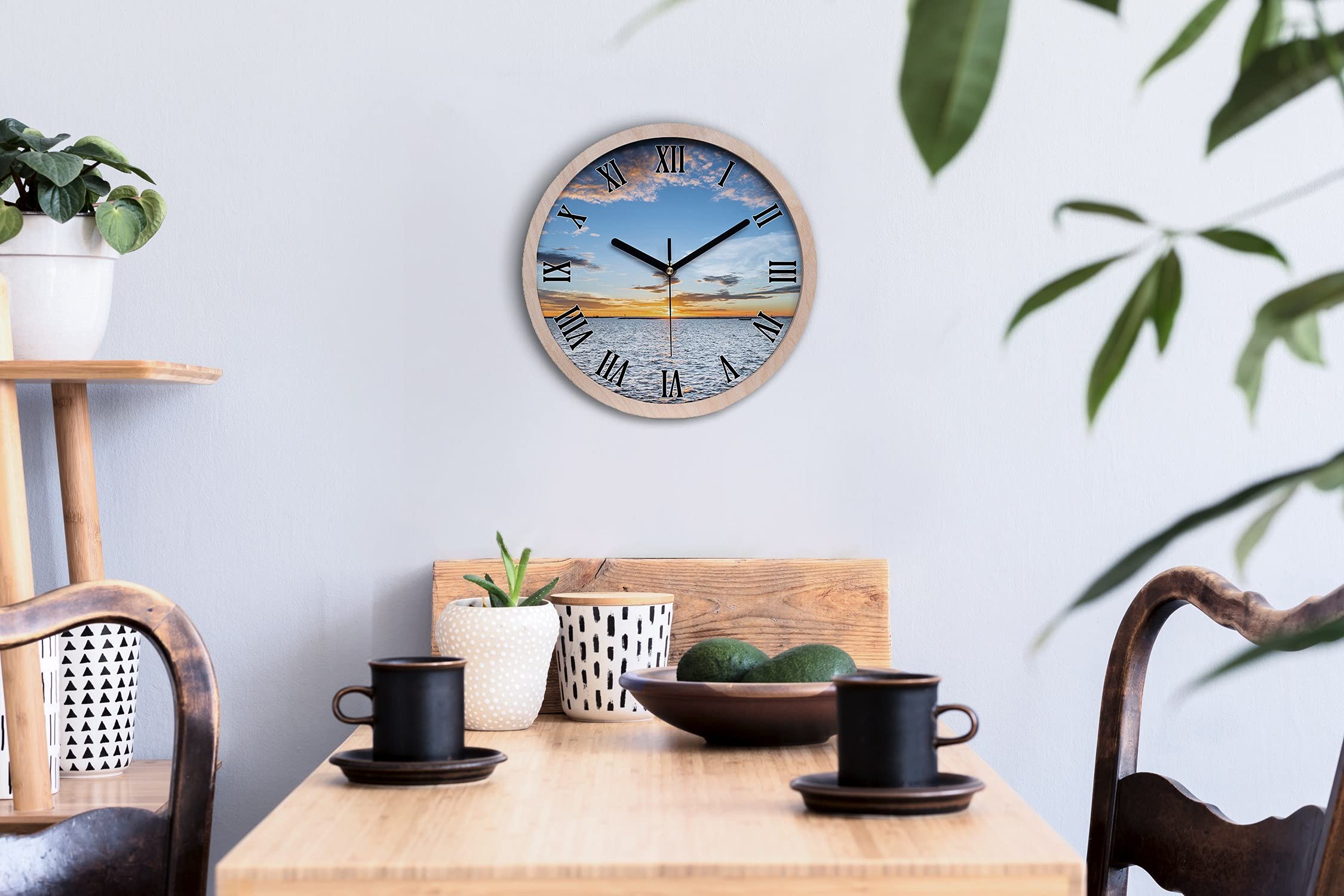 Tulup Reloj de Pared De Cuarzo ⌀ 30cm Decoración De Madera Moderno Silencioso Relojes Manecillas Negro - Crepúsculo en el mar