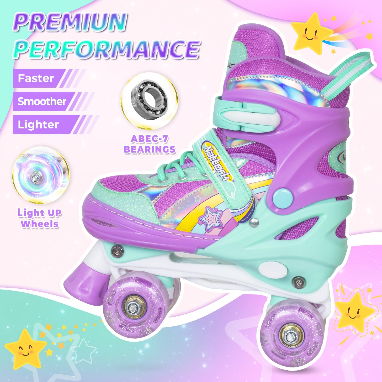 Nattork Girls Roller Skates for Kids, 4 Size Adjustable Rainbow Quad Skates with All Light Up Wheels - Best Birthday Gift for Outdoor Sports