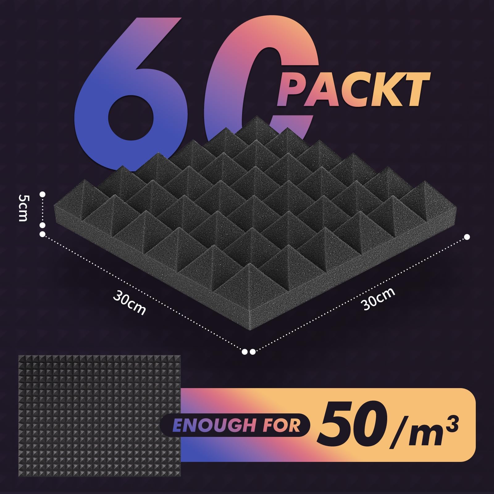 60 Stück Akustikschaummatten Schaumstofffliesen Schalldämmmatte Schalldämmung 30 x 30 x 5 cm für Wand Studio, Podcasts, Aufnahmestudios, Büro, Akustik, (60 Stück)