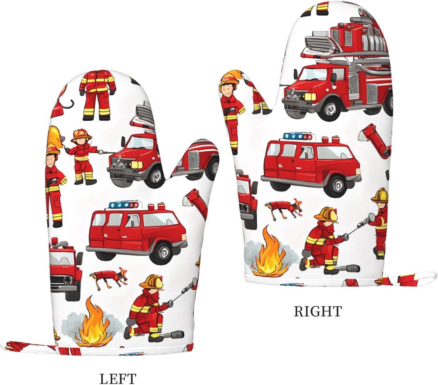 Little Boys and Girls in Firefighters 4pcs Oven Mitts and Pot Holders Sets for Kitchen, Silicone Oven Gloves Non-Slip Potholders Hot Pads for Baking Cooking