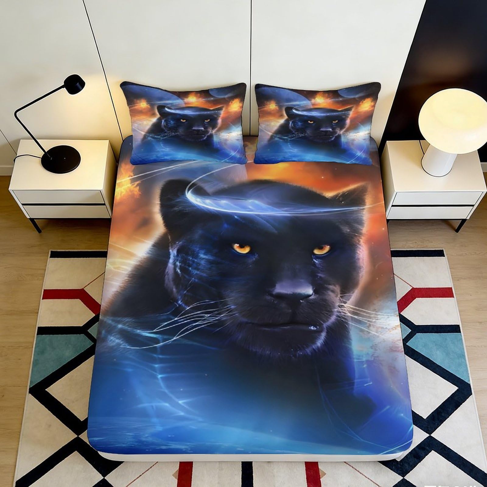 3D Printed Panther Night Fitted Sheet Microfiber Soft Breathable Jungle Art Mattress Cover for Bedroom Dorm Decor 90x200x25cm