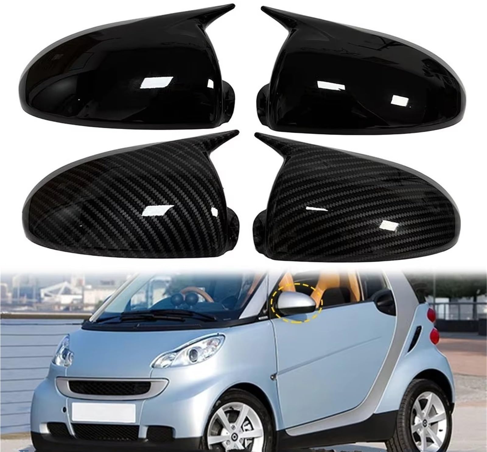 Wymiana czapek do Benz do Smart For Fortwo W451 2008-2014 2x naklejka samochodowa pokrywa wsteczna osłona skrzydła zewnętrzna obudowa wykończenia osłony tylnej (czarny połysk) (węgiel)