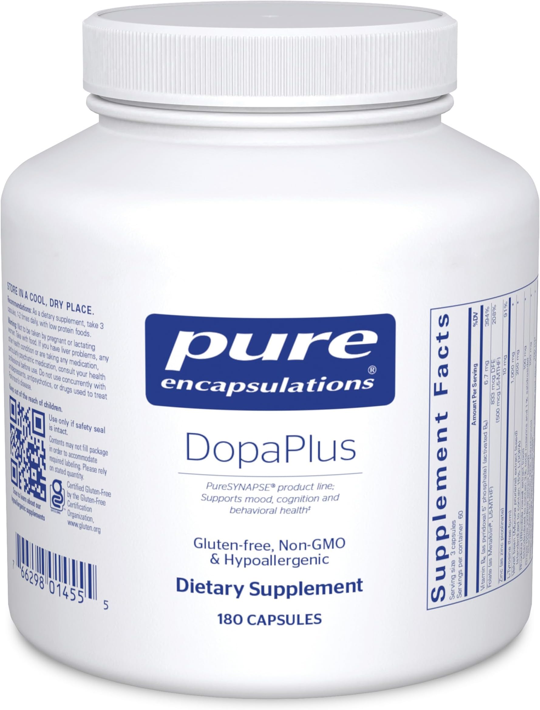 Pure Encapsulations DopaPlus - Supports Dopamine Production - for Daily Brain Function* - with L-Tyrosine, Folate, Vitamin B6 & L-5-MTHF - Non-GMO & Vegan - 180 Capsules