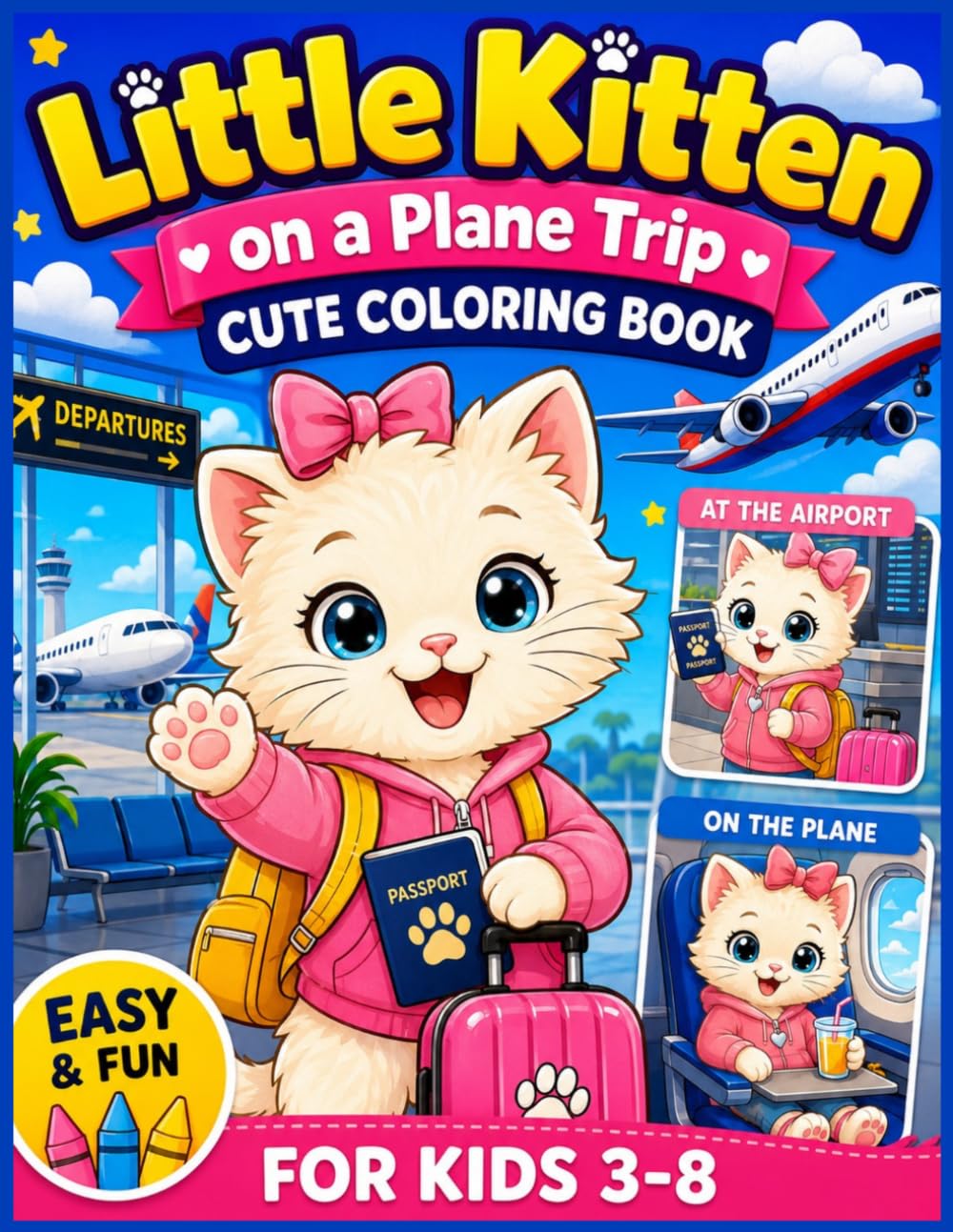 Little Kitten on a Plane Trip: Cute Coloring Book for Kids 3- 8. Adventures at the Airport and in the Clouds. Simple Illustrations for Coloring
