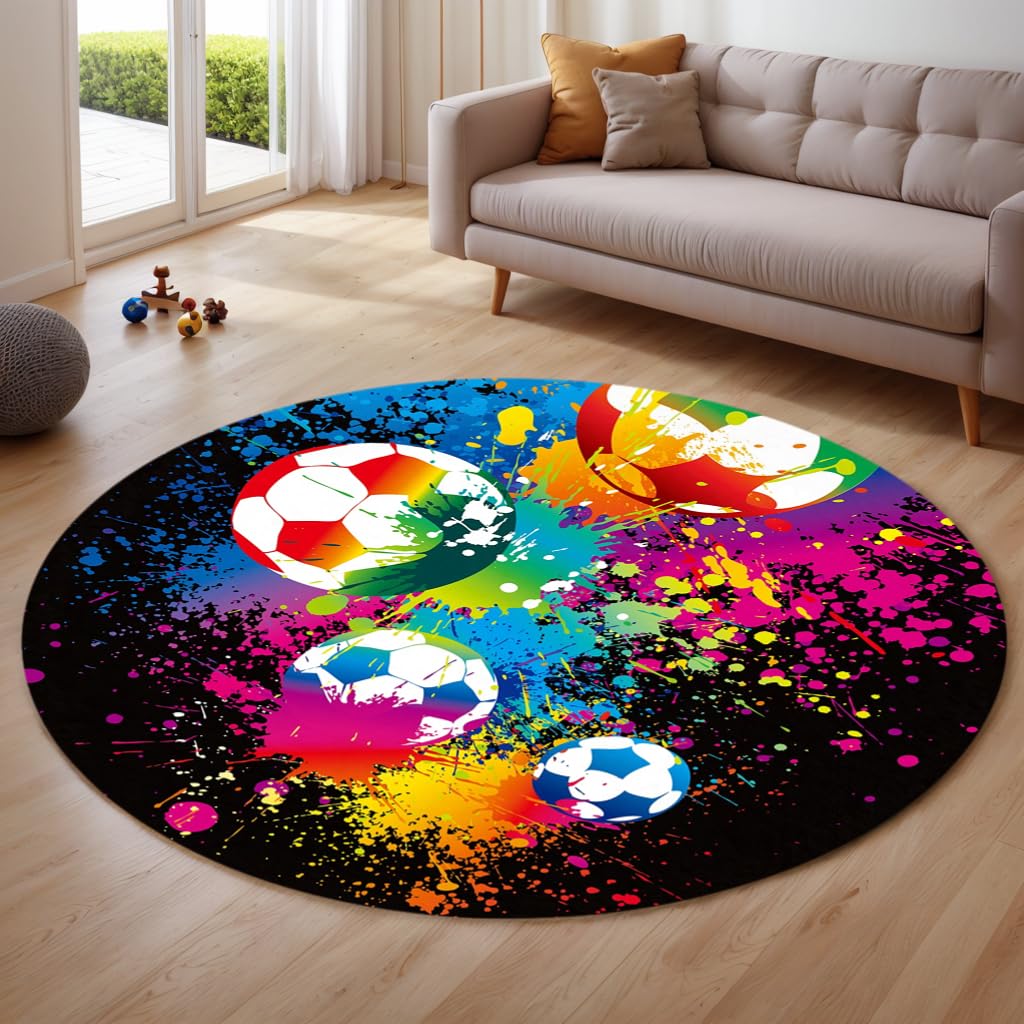 Runder Fußball-Teppich, 120 cm, rutschfeste Mikrofaser, für Schlafzimmer, Wohnzimmer, Arbeitszimmer, Nachttisch, Kinderzimmer, Bodenmatte, Teppich, Heimdekoration, 120 cm