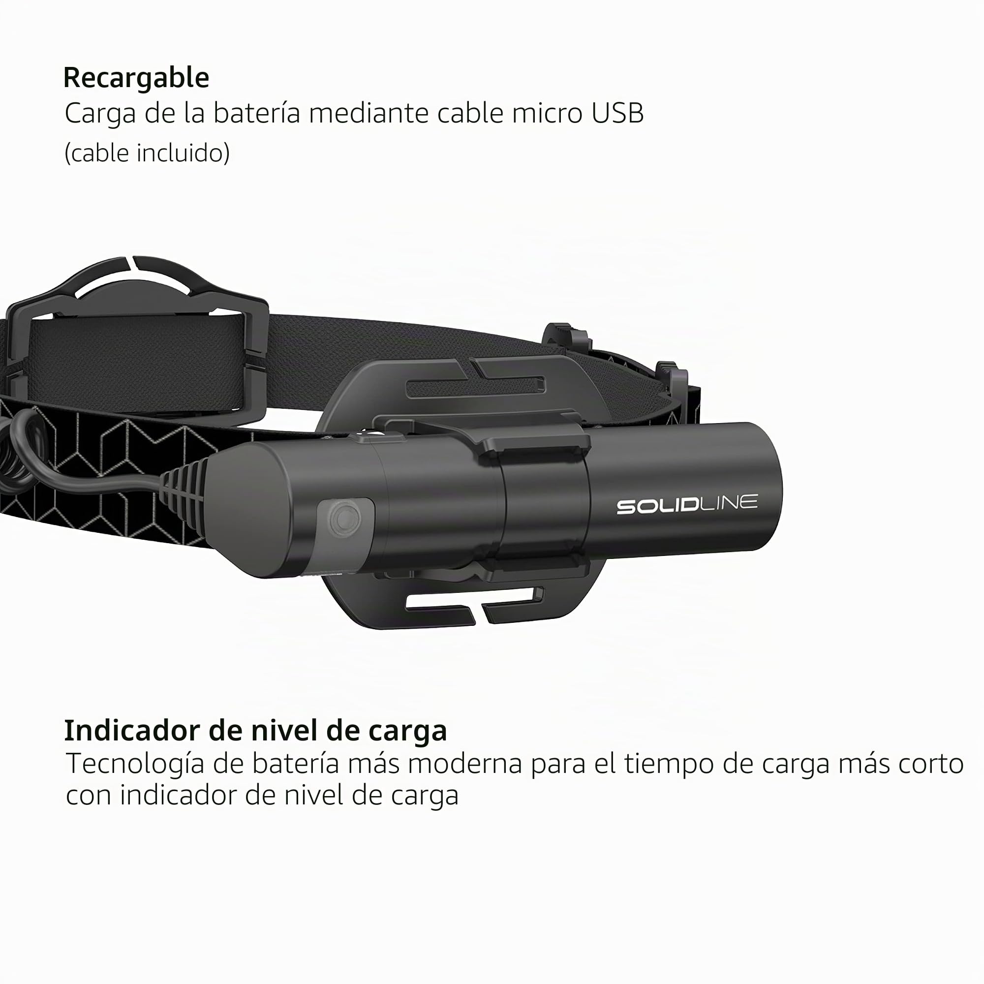 Solidline SH6R - Linterna frontal LED superbrillante, recargable, 600 lúmenes, alcance de 300 m, 50 horas de duración, incluye batería, sistema de carga flotante y cable USB, 1 unidad
