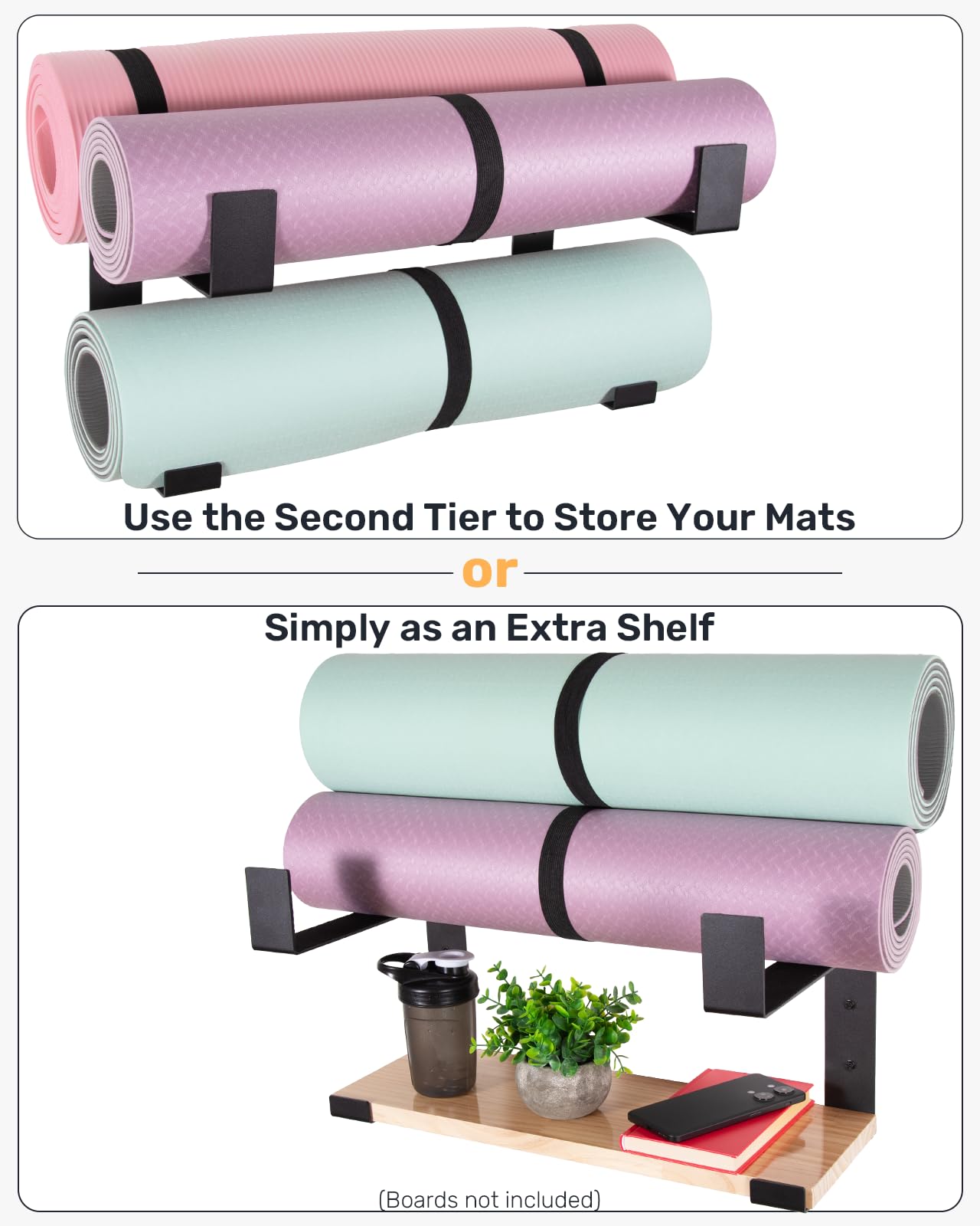 RoakyRoasy Yoga Mat Holder with Protective Padding Wall Mount Steel Storage Rack, 2 Tier Adjustable Width Hanger for up to 4 Foam Rollers, Easy Installation