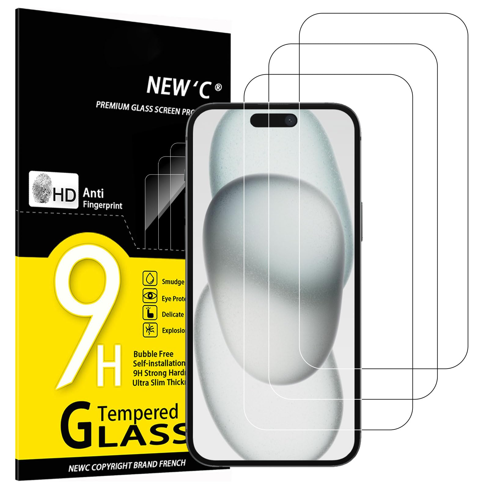 NEW'C 3 Pezzi, Vetro Temperato per iPhone 16 Plus, iPhone 15 Pro Max, iPhone 15 Plus (6,7 Pollici), Pellicola Prottetiva, Senza Bolle, Durezza 9H, 0,33mm Ultra Trasparente, Ultra Resistente