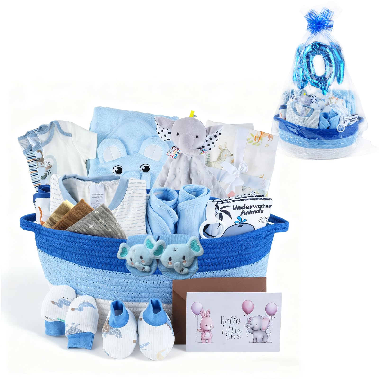 Juego de 22 cestas de regalo para bebé, azul (recién nacido de 0 a 12 meses) | Regalos premium para baby shower para niños: juego esencial para recién nacidos en cesta tejida con globo y lazo