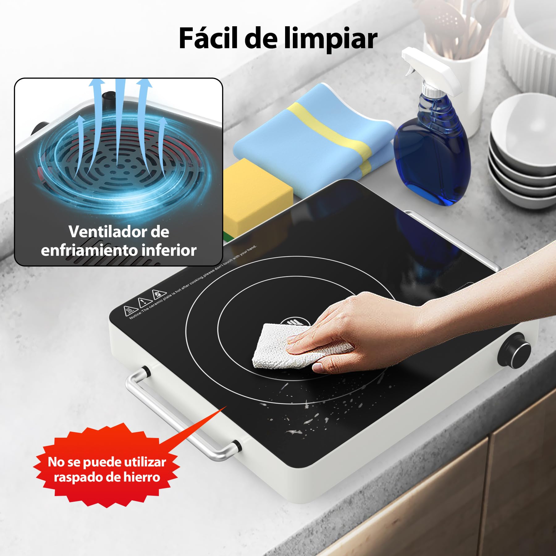 VBGK vitro portatil 1 fuego,220V Toque y perilla placa vitroceramica portatil,2000W vitroceramica portatil,10 niveles de potencia, bloqueo de seguridad para niños y temporizador 4H,