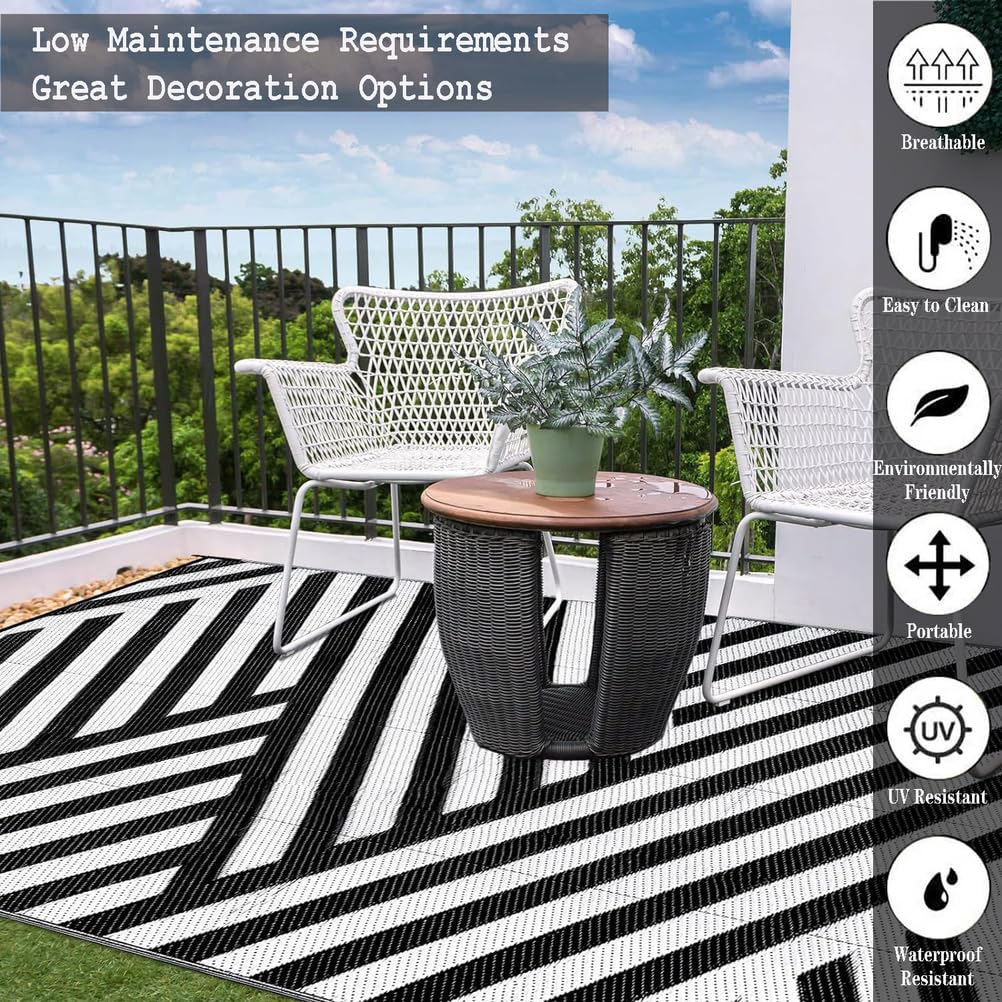 Tapis de Jardin Rayés Noir et Blanc 150x240cm Tapis Exterieur Terrasse Pliable,Tapis Tressé en Paille en Plastique Recyclé,Tapis Extérieur Réversible pour Balcon,Camping,Patio,Plage,Pique-Nique