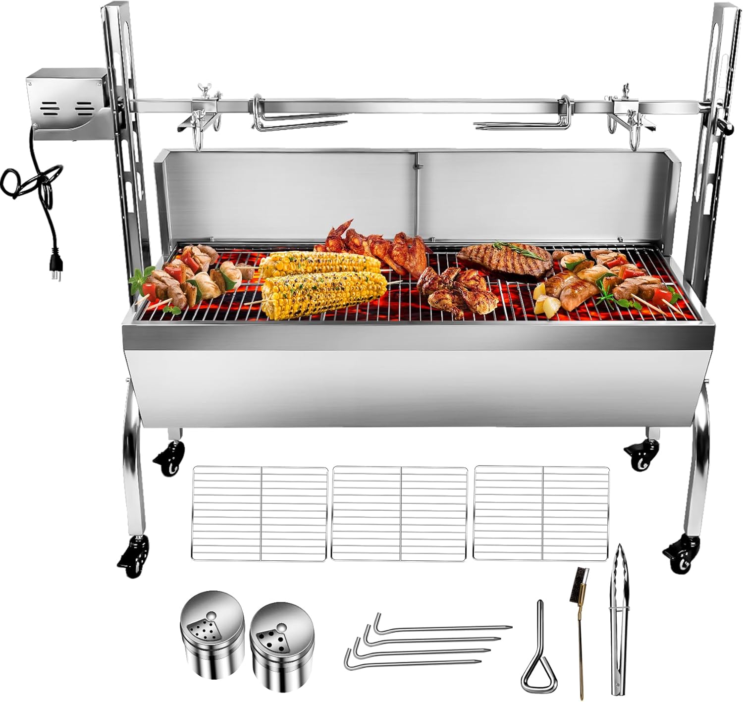 176LBS Stainless Steel Rotisserie Grill Roaster Small Pig Lamb with Back Cover Guard 25W Motor for Camping Outdoor BBQ Silver