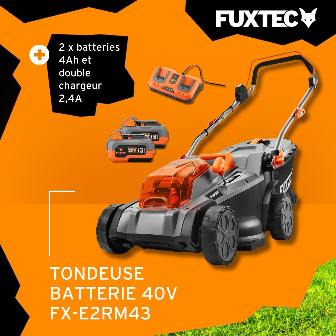 FUXTEC Tondeuse à Gazon sans Fil 40V (2x20V) E2RM43 Set Batteries et Chargeur - Largeur De Coupe 43cm, 40L
