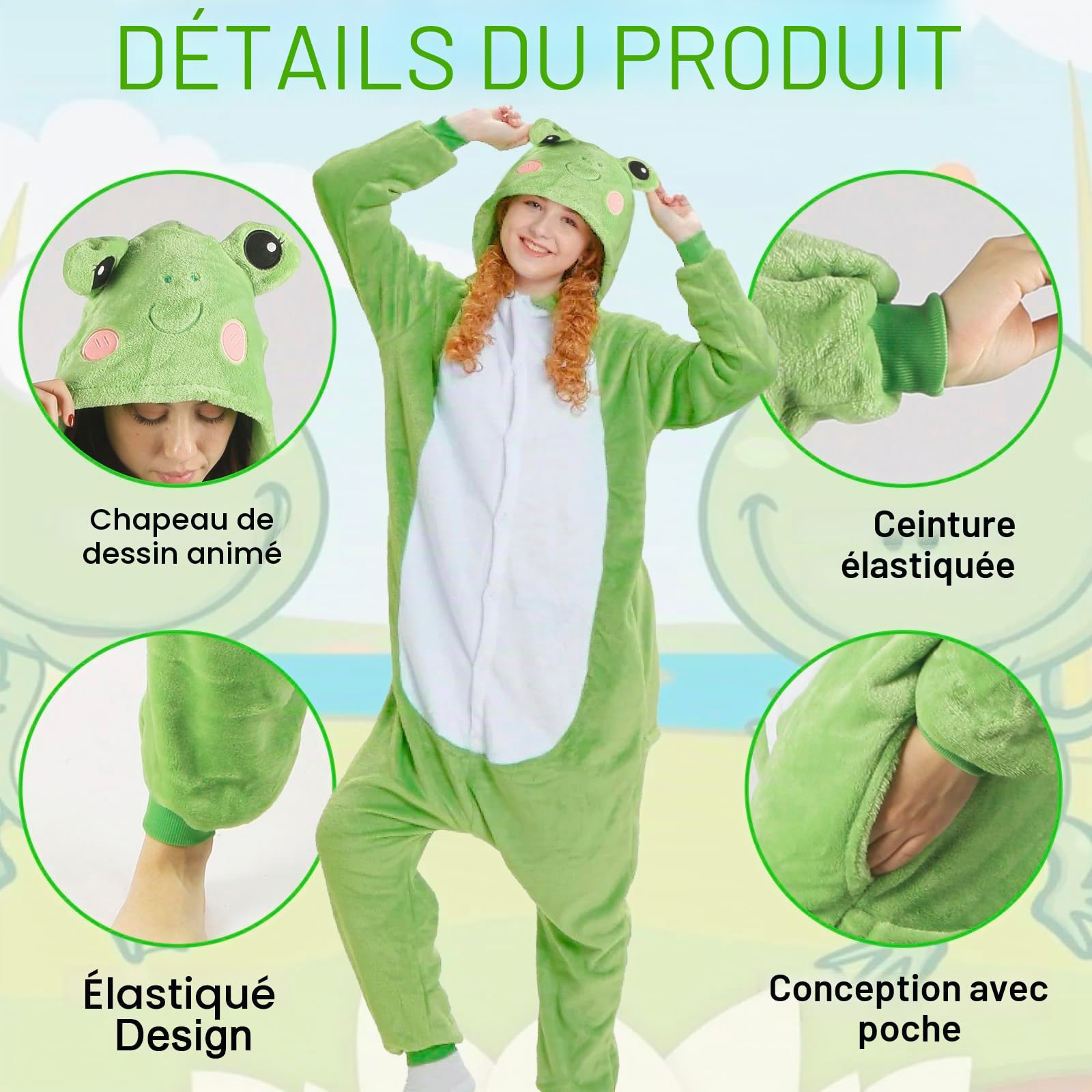Costume de grenouille unisexe - Pyjama une pièce - Combinaison pour adulte - Avec capuche - Animal - Vêtements de nuit - En peluche - Pour homme et femme - Pour Halloween, carnaval, cosplay
