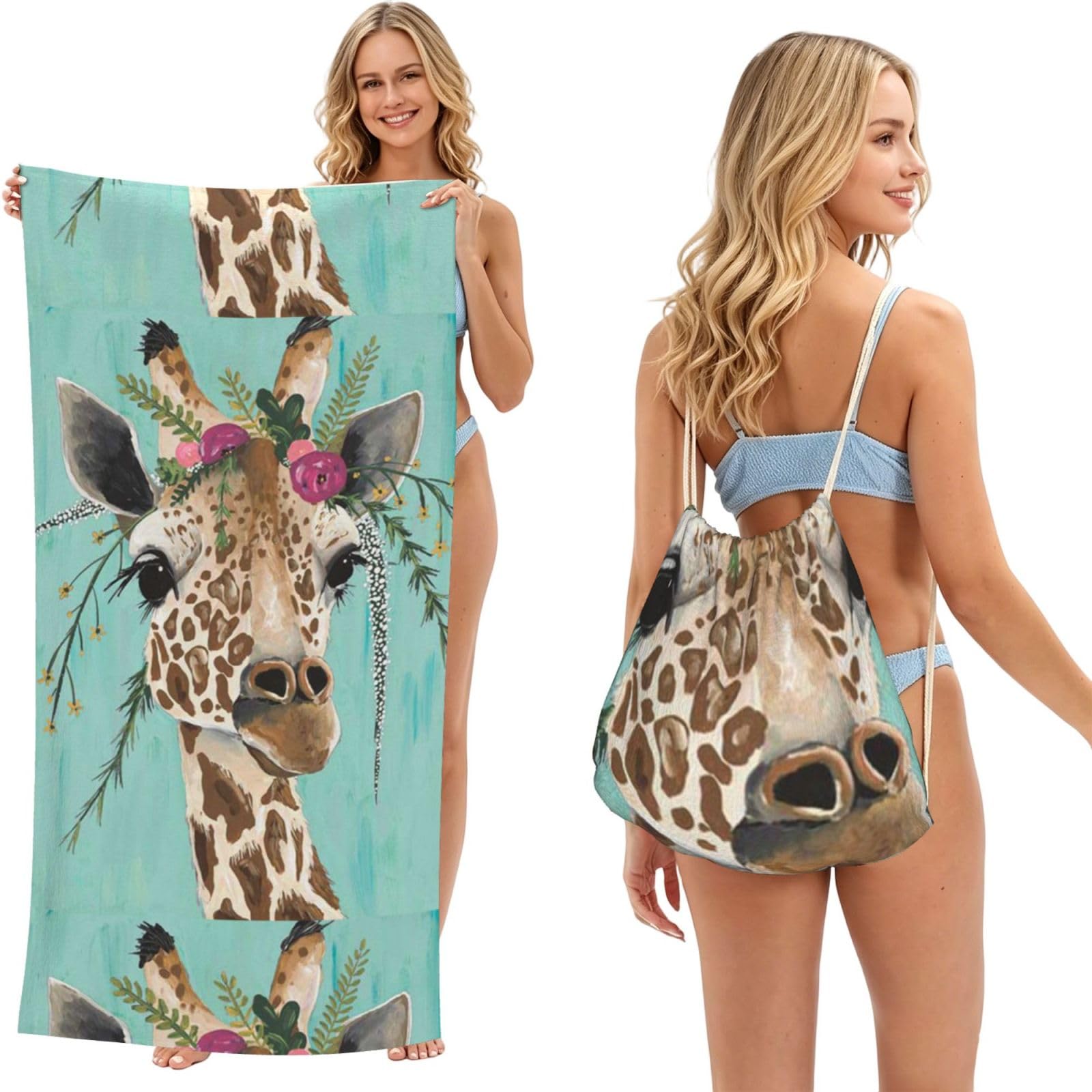 Poadnly As Picture Giraffe With Floral, 2 In 1 Packable Towel Bag, Beach Towels With Drawstring Backpack For Travel Holiday Camping