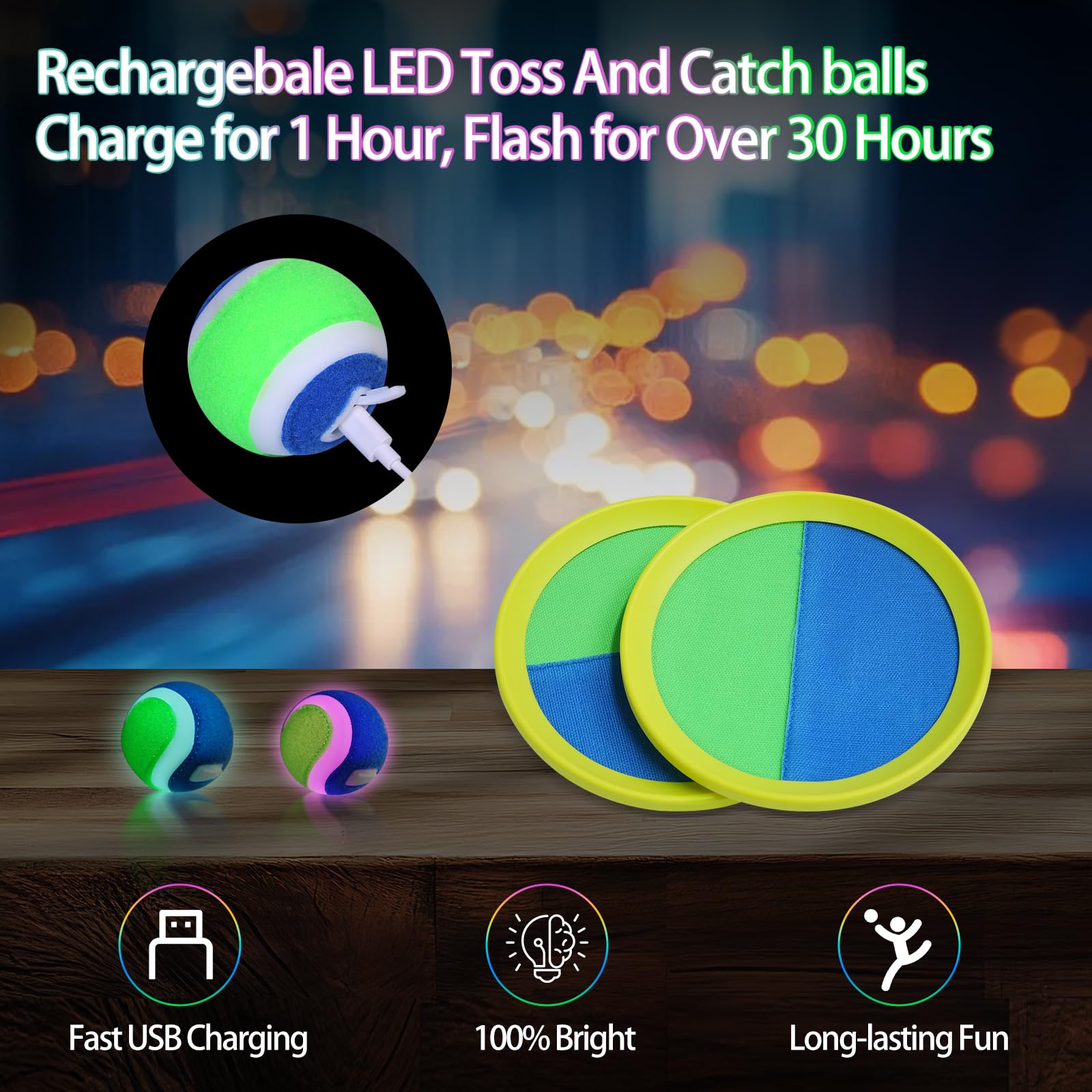 Raditoss LED Toss and Catch Ball Set – Glow-in-The-Dark & Daytime Play with Rechargeable Light-Up Balls, Includes 2 Paddles & 2 Balls – Indoor & Outdoor Toy for Kids, Toddlers & Adults Fun