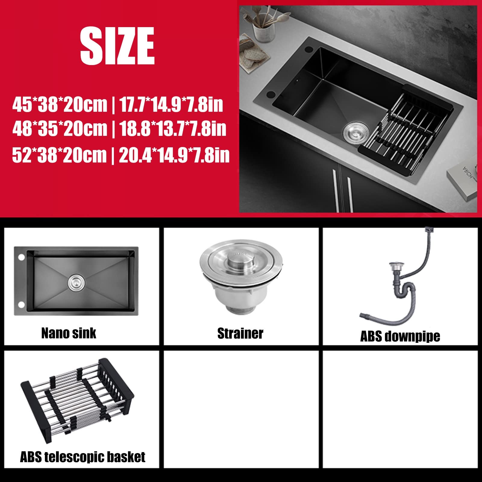 Zwarte Nano-spoelbak Kleine Wasbak Op Het Barbalkon 304 Roestvrijstalen Spoelbak Keuken Mini Gootsteen Gootsteen Met Grote Capaciteit (Color : Black, Size : 44 * 24cm