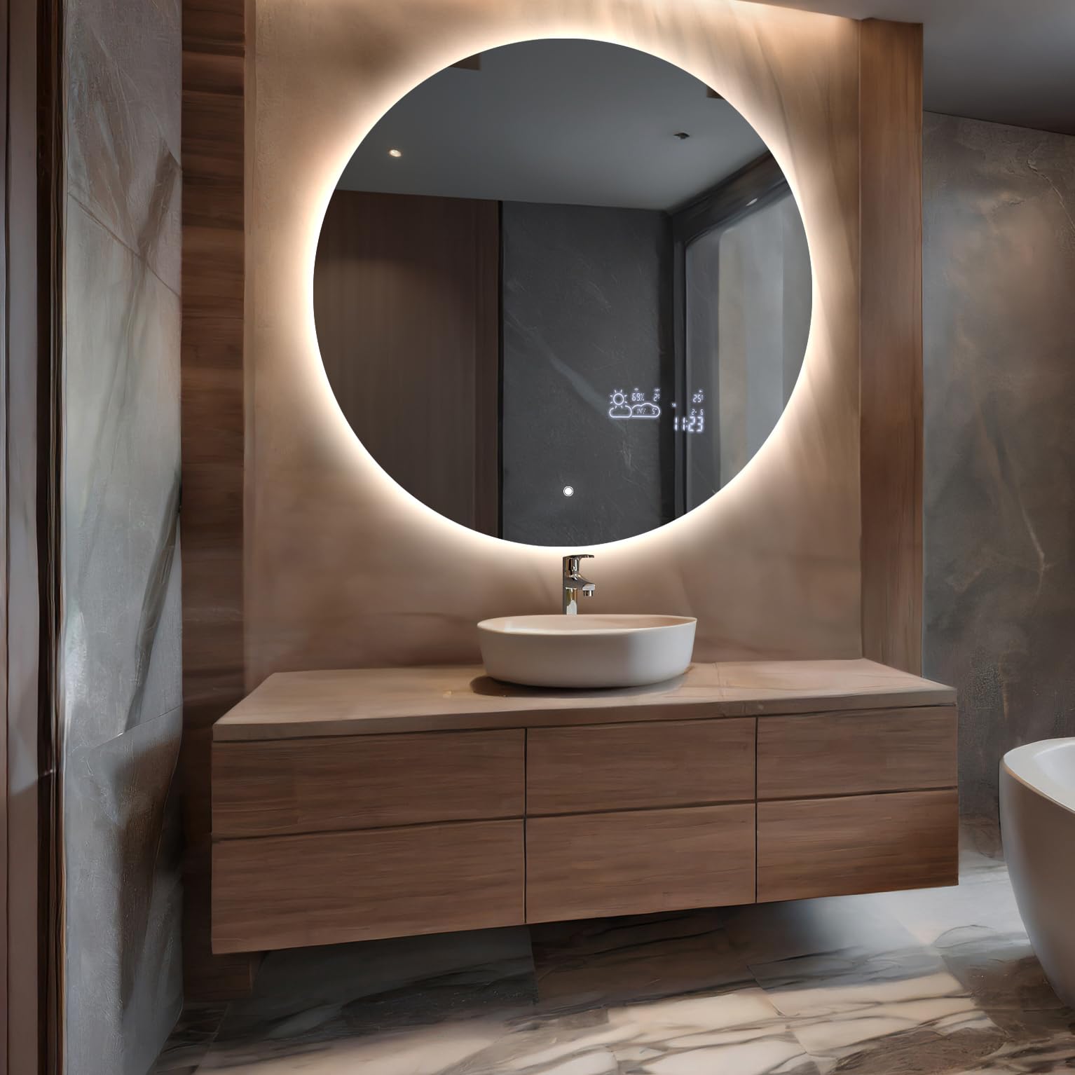 FORAM Espejo de Baño con Iluminación LED 70x70 cm Elsie - Luz Espejo de Pared con Accesorios - Rond Diferentes tamaños para Baño Dormitorio Maquillaje