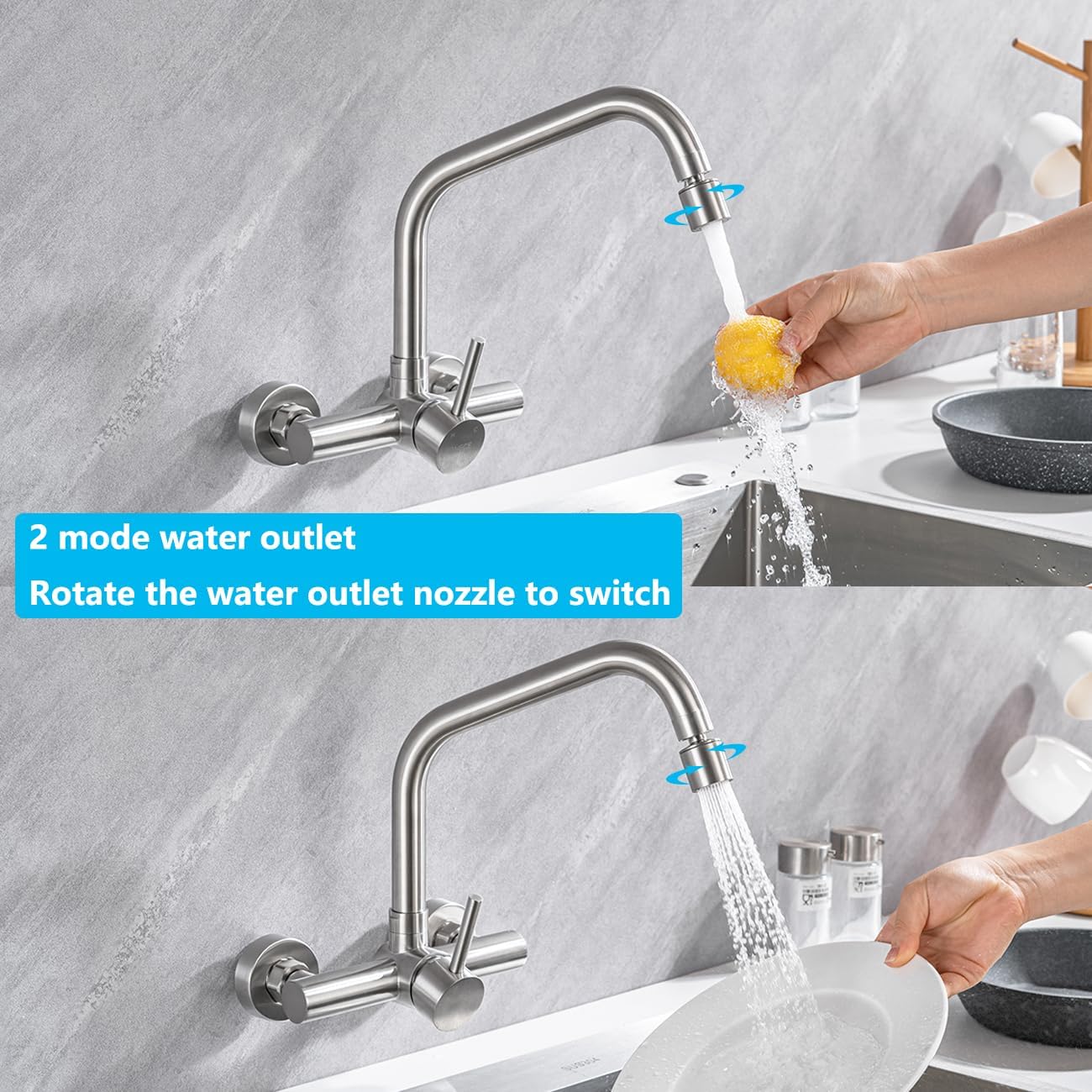 ONECE Grifo Cocina en la Pared con 2 Modos, Grifería con Caño Giratorio | Mezclador Monomando para Fregadero Rotación de 360°, Acero Inoxidable 304, Aireador Extraíble