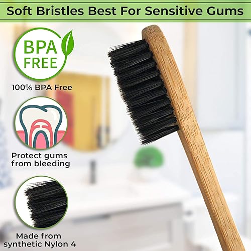 Miniatura 4 de 4 unidades I Cepillo de dientes de bambú I cerdas suaves mejor para encías sensibles, carbón I vegano I madera natural I BPA Fee I reciclable I