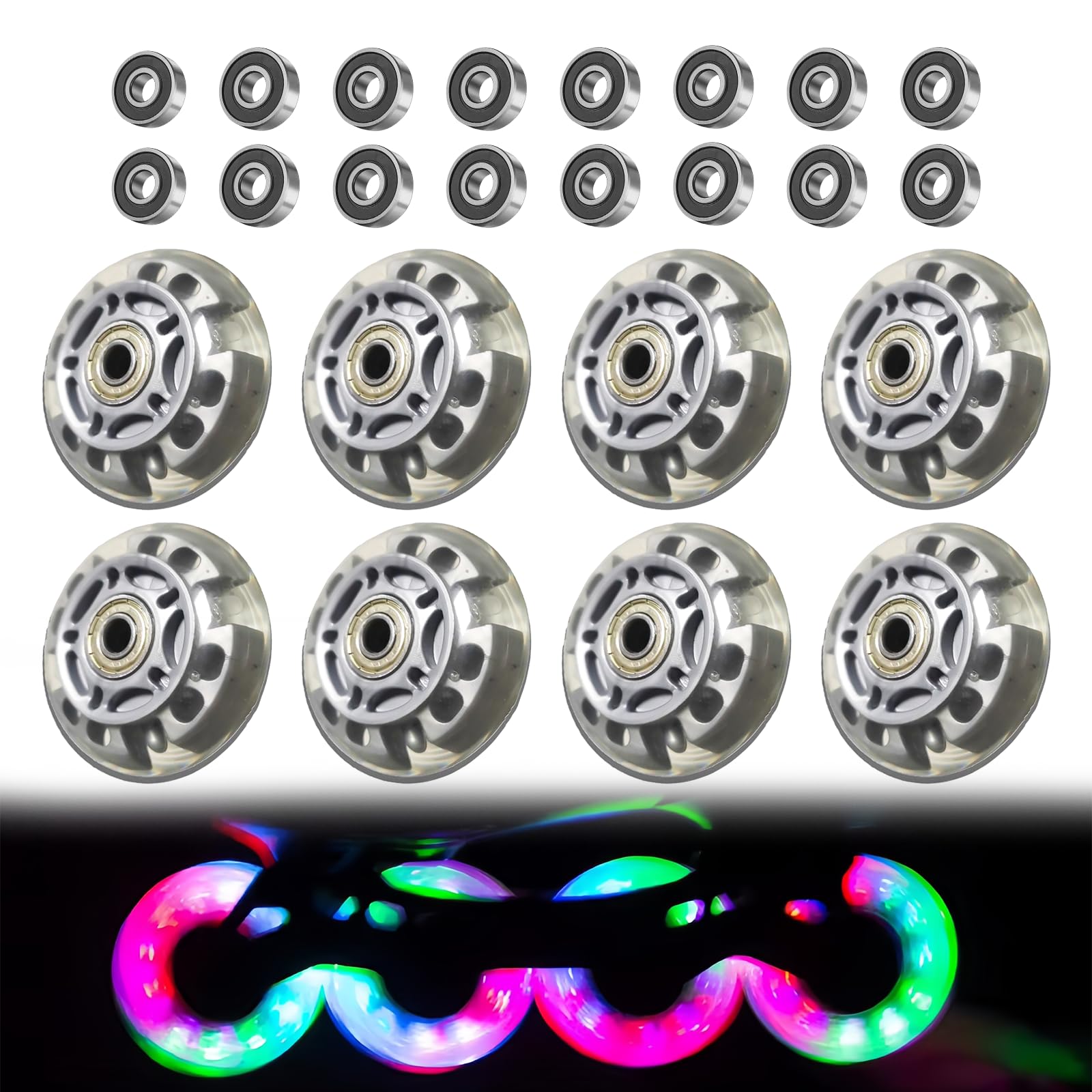 8 ruote per pattinaggio in linea, 72 mm, ruote in linea trasparente, con 16 cuscinetti a sfera, universali per tutti i tipi di pattini a rotelle