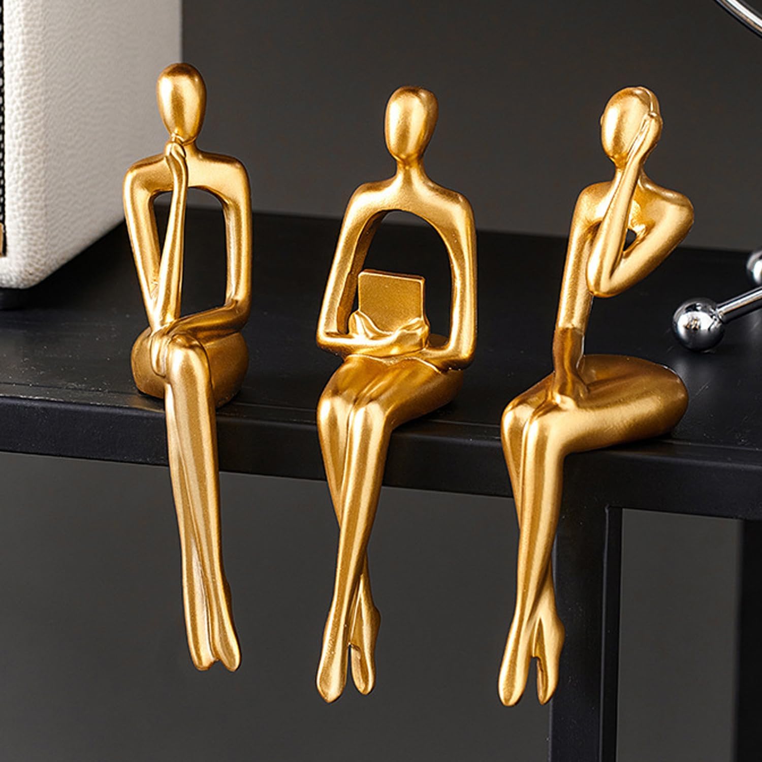 Resin Thinker Statues Decor, 3pcs Abstract Sitting Sculptures, Bookshelf Desk Figurines, Home Office Living Room Shelf Accents, Gold Centerpiece Table Decorations (Gold)