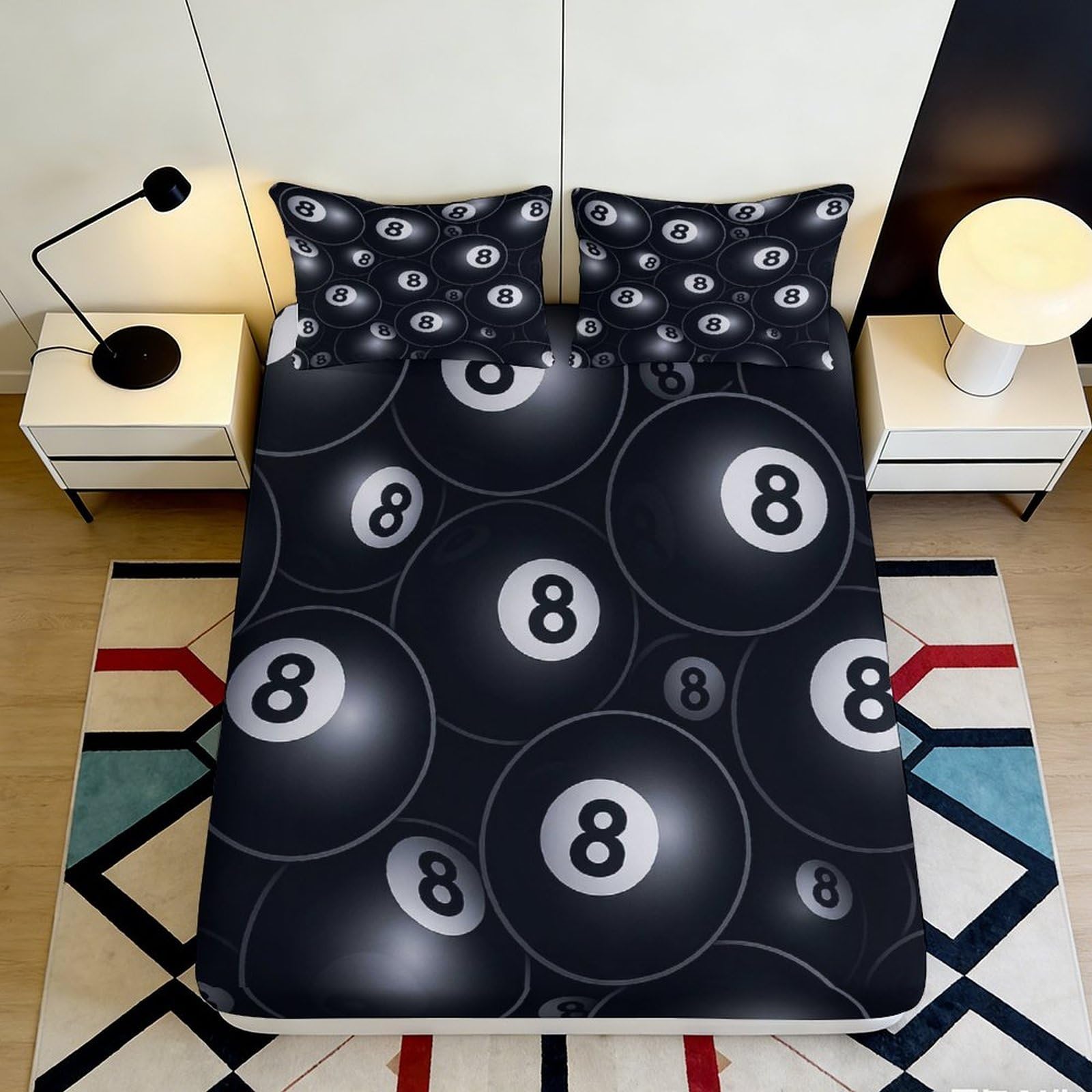 3D Printed 8 Ball Pool Fitted Sheet Microfiber Anti-Slip Black Billiard Mattress Cover Bedroom Dorm Decor Protection 90x200x25cm