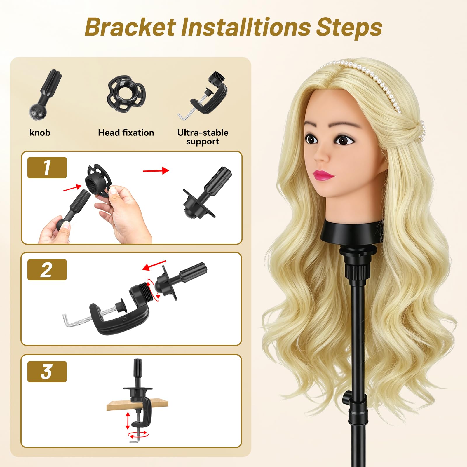 Friseurkopf, 61 cm, 80 % menschliches Training, Echthaar, Puppenkopf für Haarstyling mit Tischklemme, Übungs-Styling-Kopf, Puppe mit Haarstyling-Set für Friseursalons