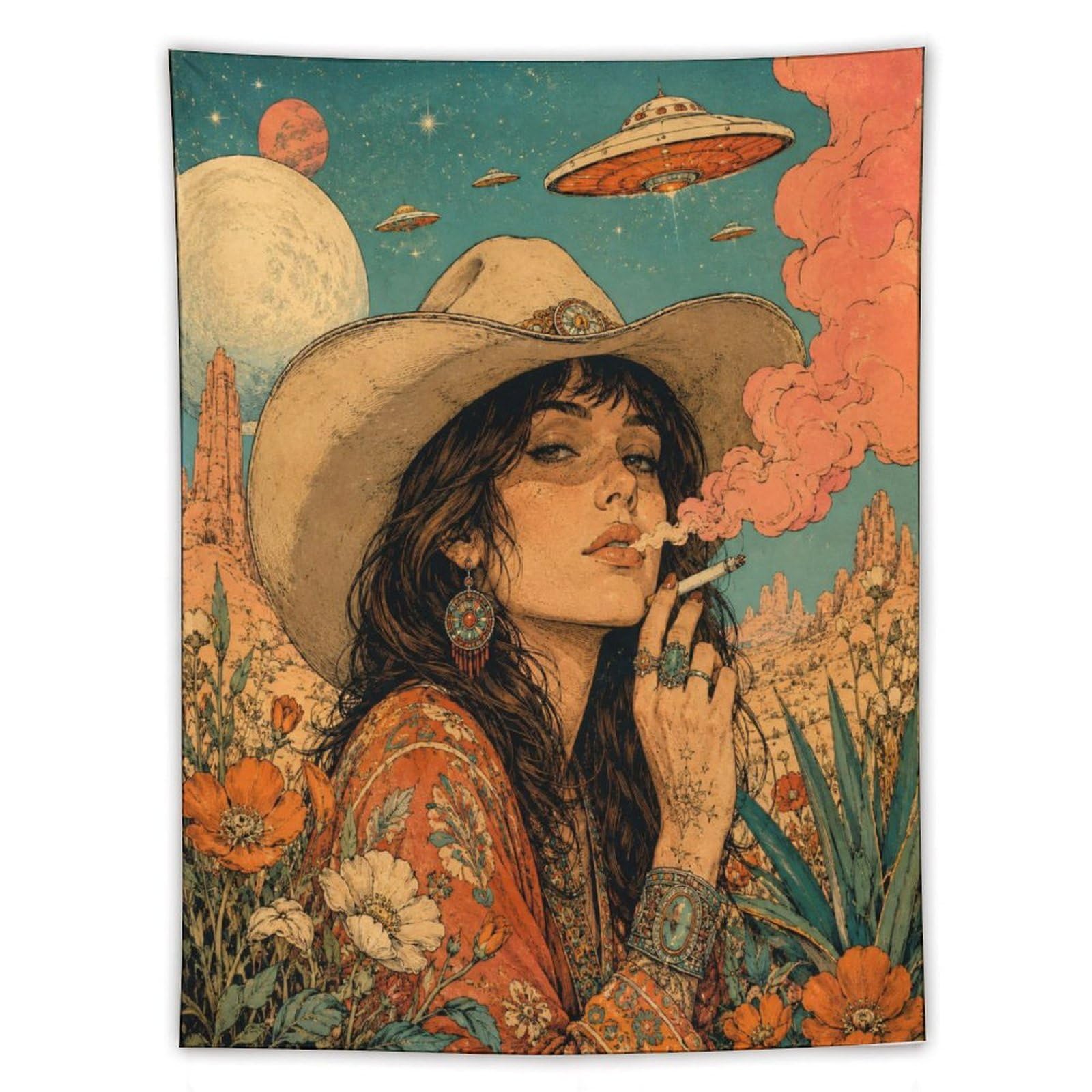 W7C8U2X3 Cowgirl with UFOs Wall Tapestry, Vintage Poster Style, Dorm Room