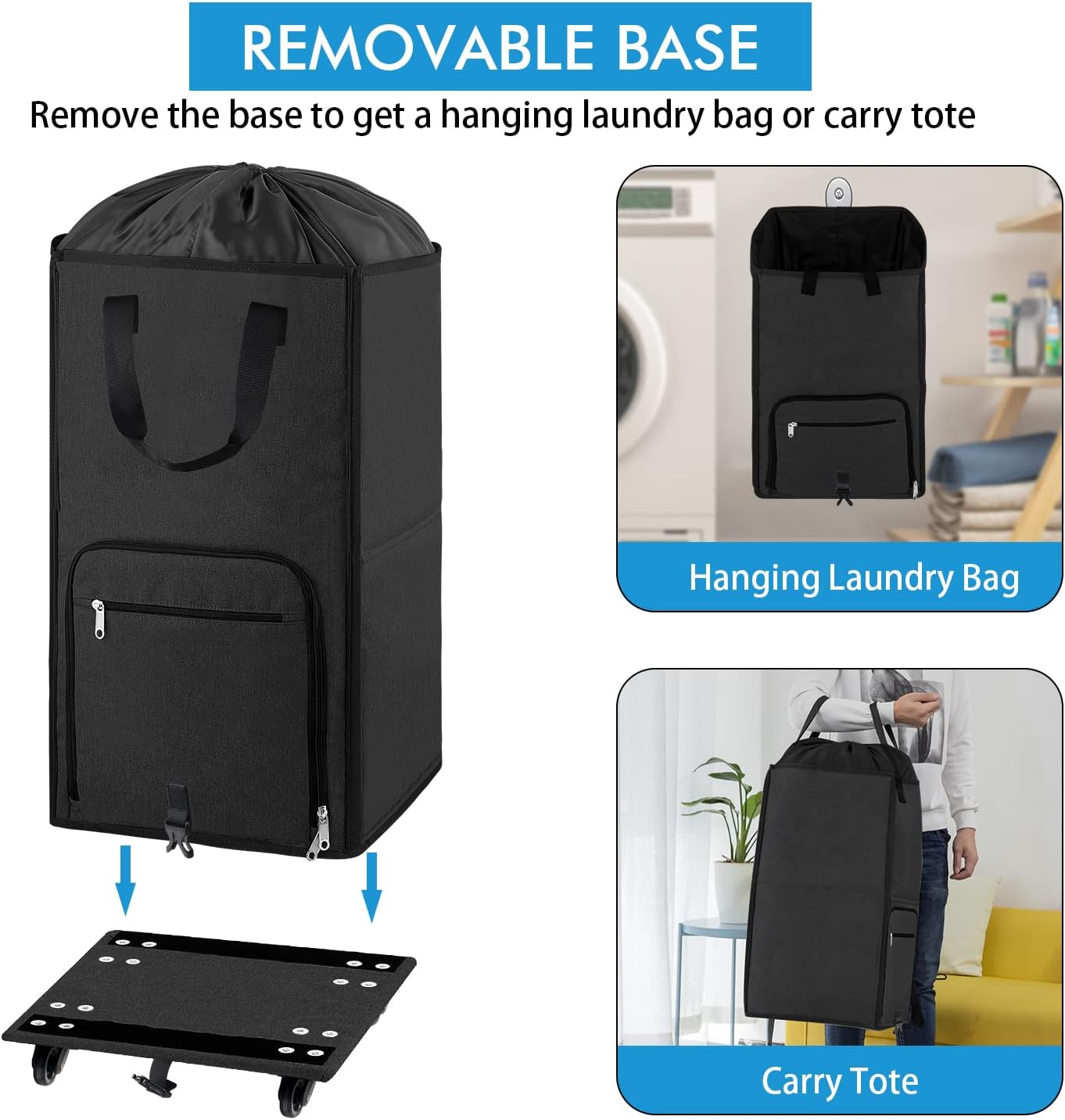 Bukere Laundry Hamper with Wheels, Large Rolling Laundry Basket with 4 Casters and 2 Handles, Collapsible Freestanding Wheeled Laundry Bag for Clothes, Laundry Room, Bathroom Midnight Grey