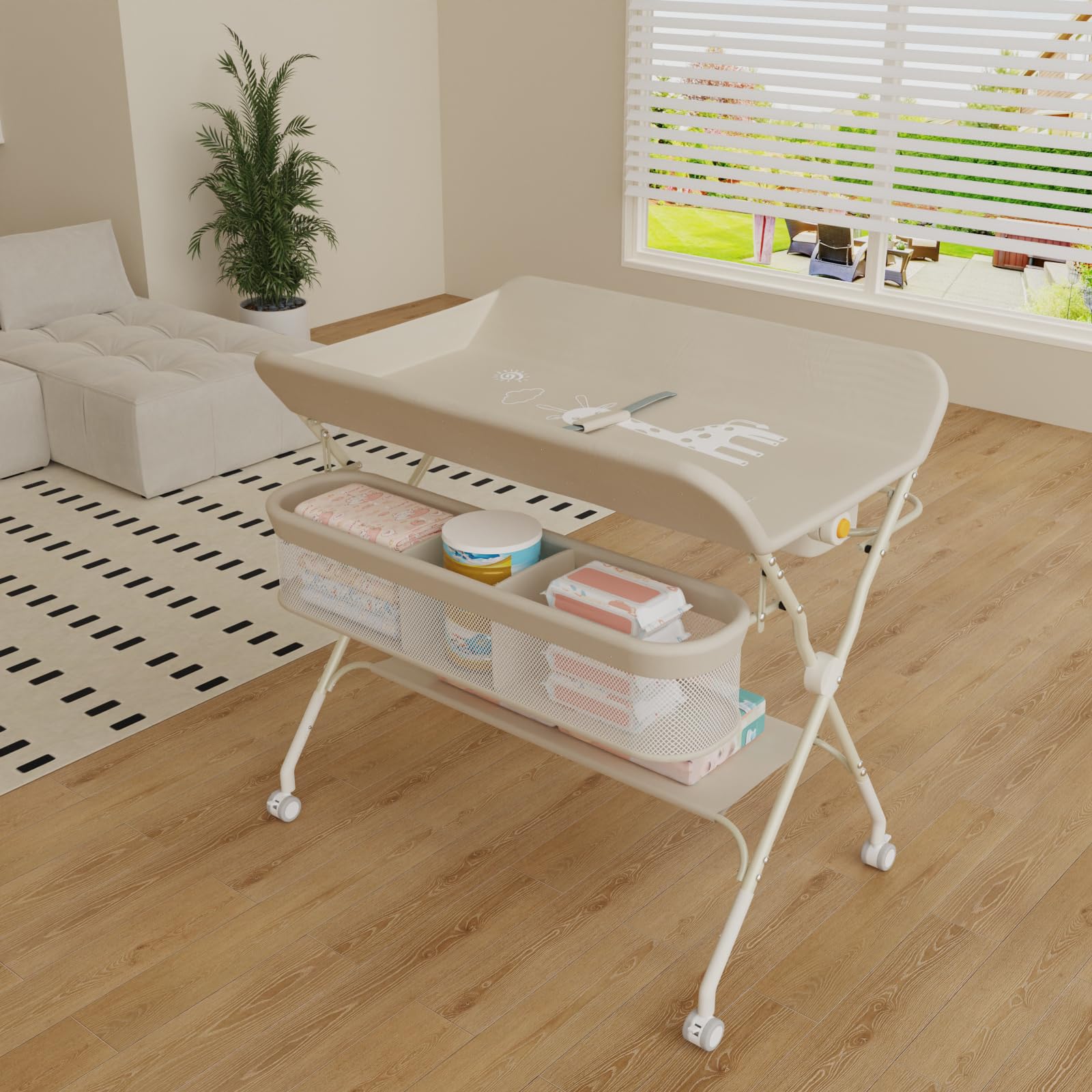 Table à Langer Pliable, Réglable en Hauteur, Ceinture de sécurité et 4 Roues avec Frein, Plan à Langer avec Panier Latéral, Soin pour Nouveaux-Nés Mobile (beige-A)