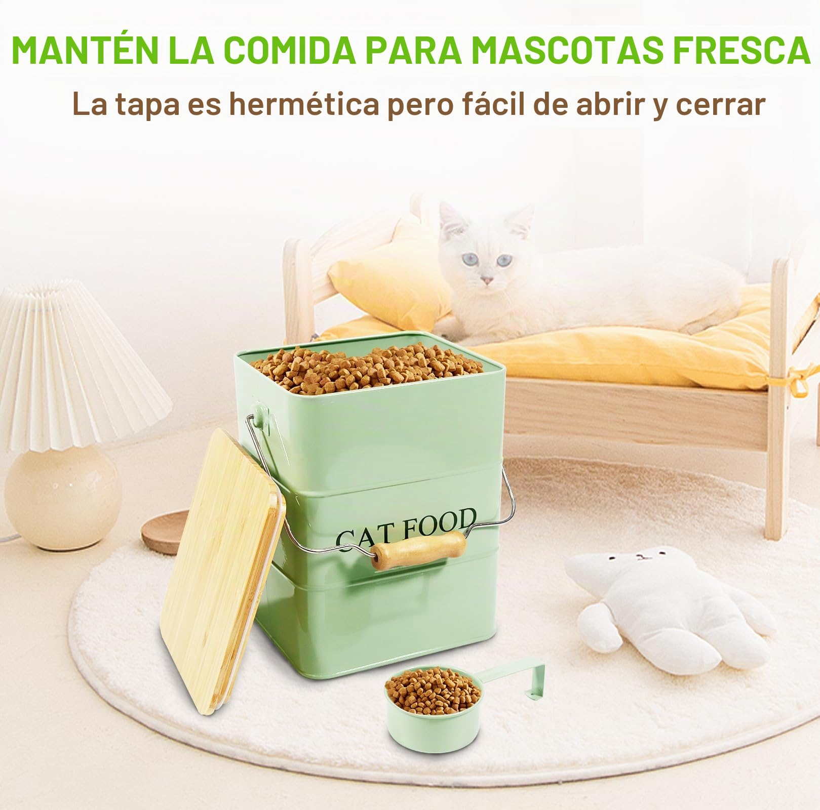 Geyecete Metal - Contenedor de croqueta para gatos (6 L, cajas para alimentos y golosinas, animales y herméticos, madera, tapas de acero al carbono revestidas, – Croqueta de gato con mango verde