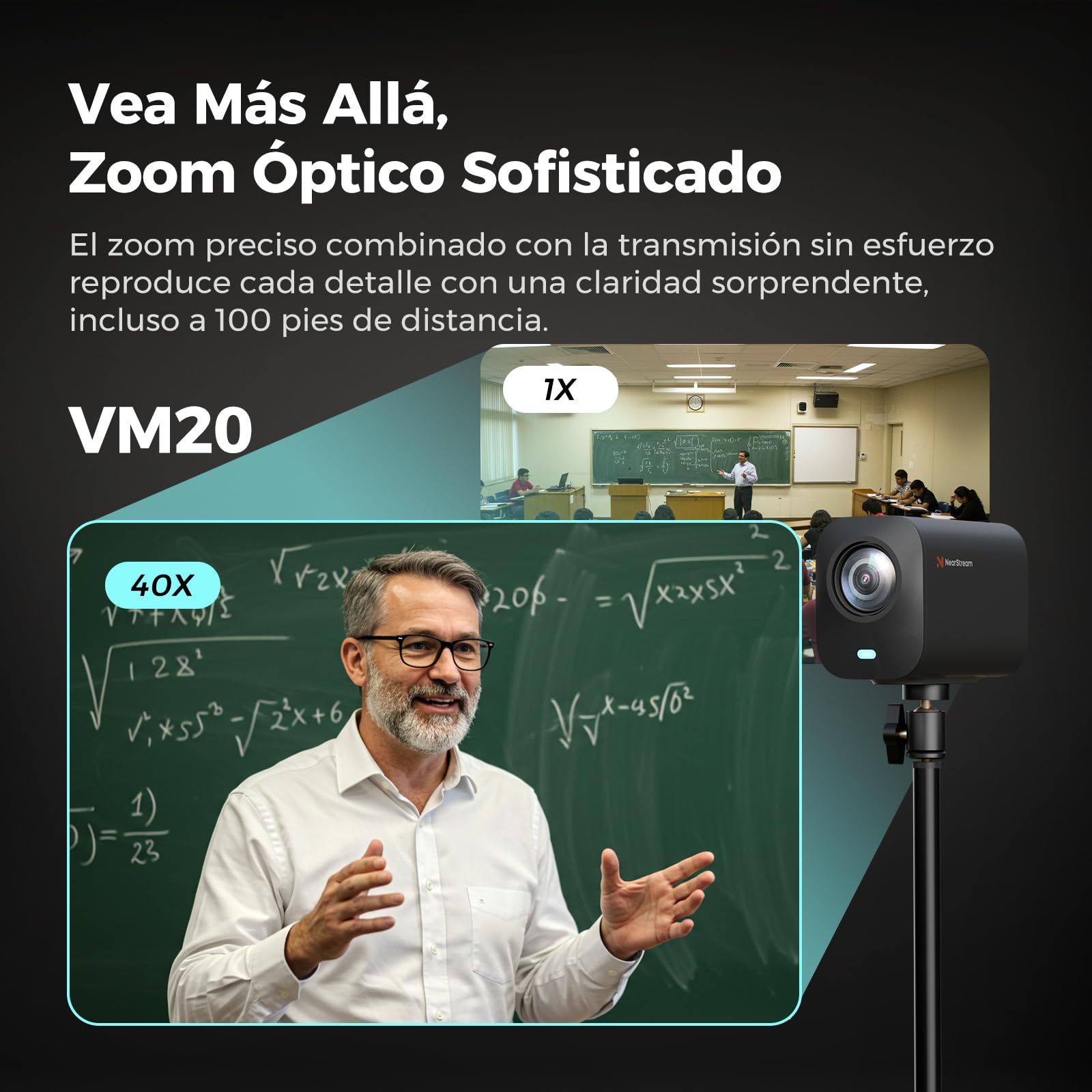 NearStream VM33 Cámarade Streaming 4K/30 fps, 40X Zoom Híbrido | Sensor CMOS 1/2,8″ ,Mics Incorporados con Reducción de Ruido,Admite Micrófono Externo,Configuración Multi-Cámara Compatible