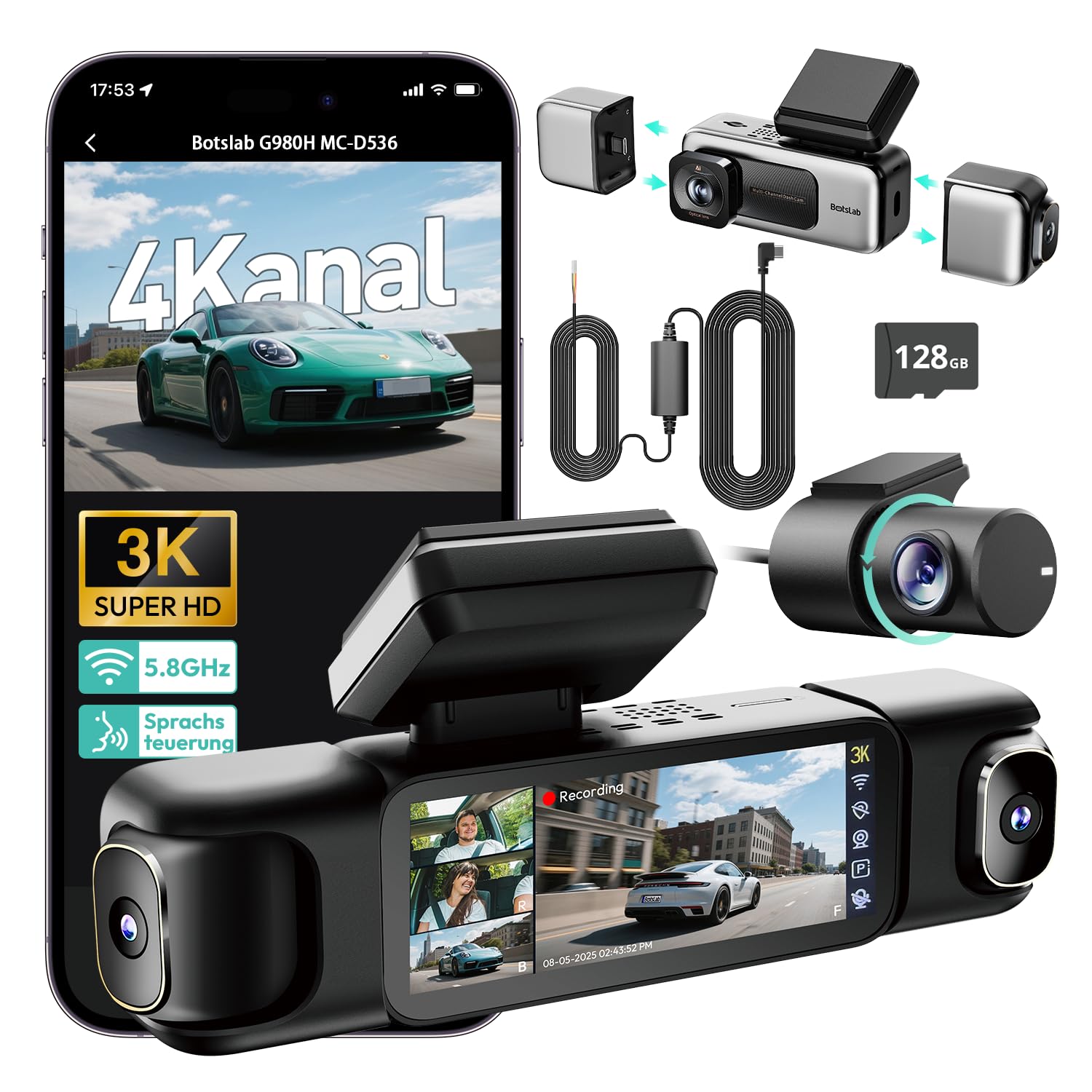 BOTSLAB Dashcam 4 Kanal mit Parküberwachung, 360° GPS, 5,8GHz WiFi, 3K+1080P×3, 3,18" IPS, Nachtsicht, WDR, G-Sensor, Loop-Aufnahme, 128GB SD-Karte
