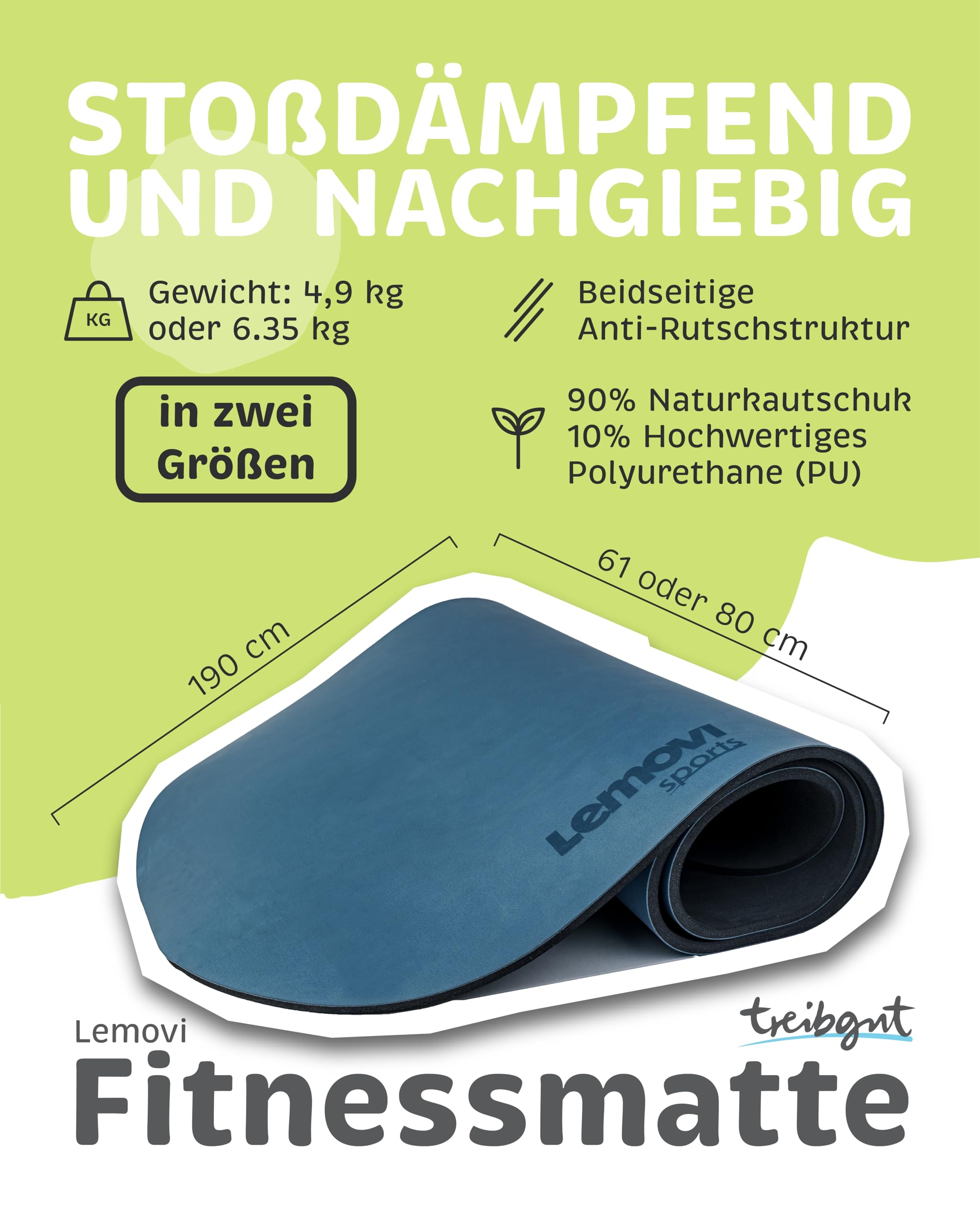 Yogamatte rutschfest, aus Naturkautschuk, universell einsetzbar als Yoga Matte, Sportmatte, Gymnastikmatte, Fitnessmatte, Matte Sport, Trainingsmatte, Yogamatten, Pilates Matte, extra dick