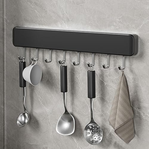 Ganchos para colgar utensilios de cocina, ganchos para montar en la pared, sin taladrar, ganchos extraíbles y ajustables, riel de cocina con 8
