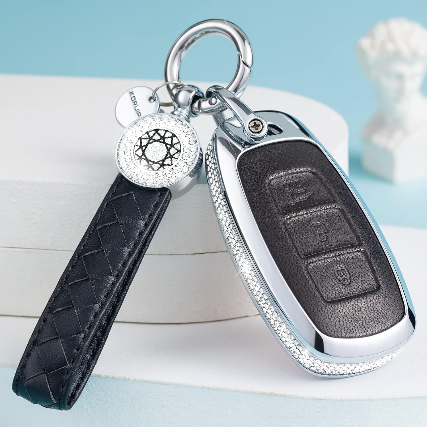 for Hyundai Key Fob Cover with Keychain Genuine Leather Crystal Key Case Protector Compatible with 2022 2021 2020 Hyundai Sonata Santa fe Tucson Keyless Entry 5 Buttons Smart Key (Black)