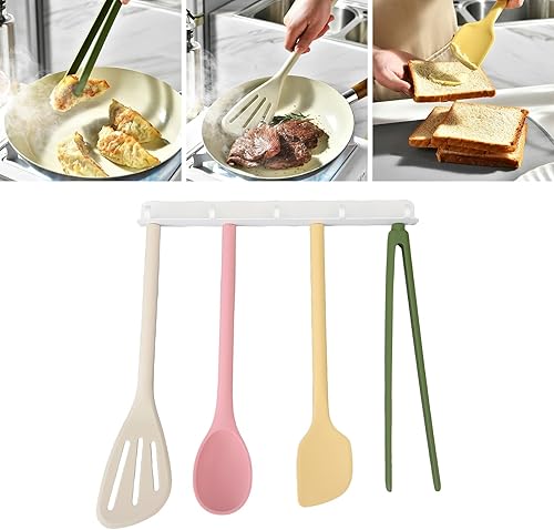 Juego de utensilios de cocina de silicona integrado, espátulas, cuchara, pinzas para alimentos y estante de almacenamiento de gancho