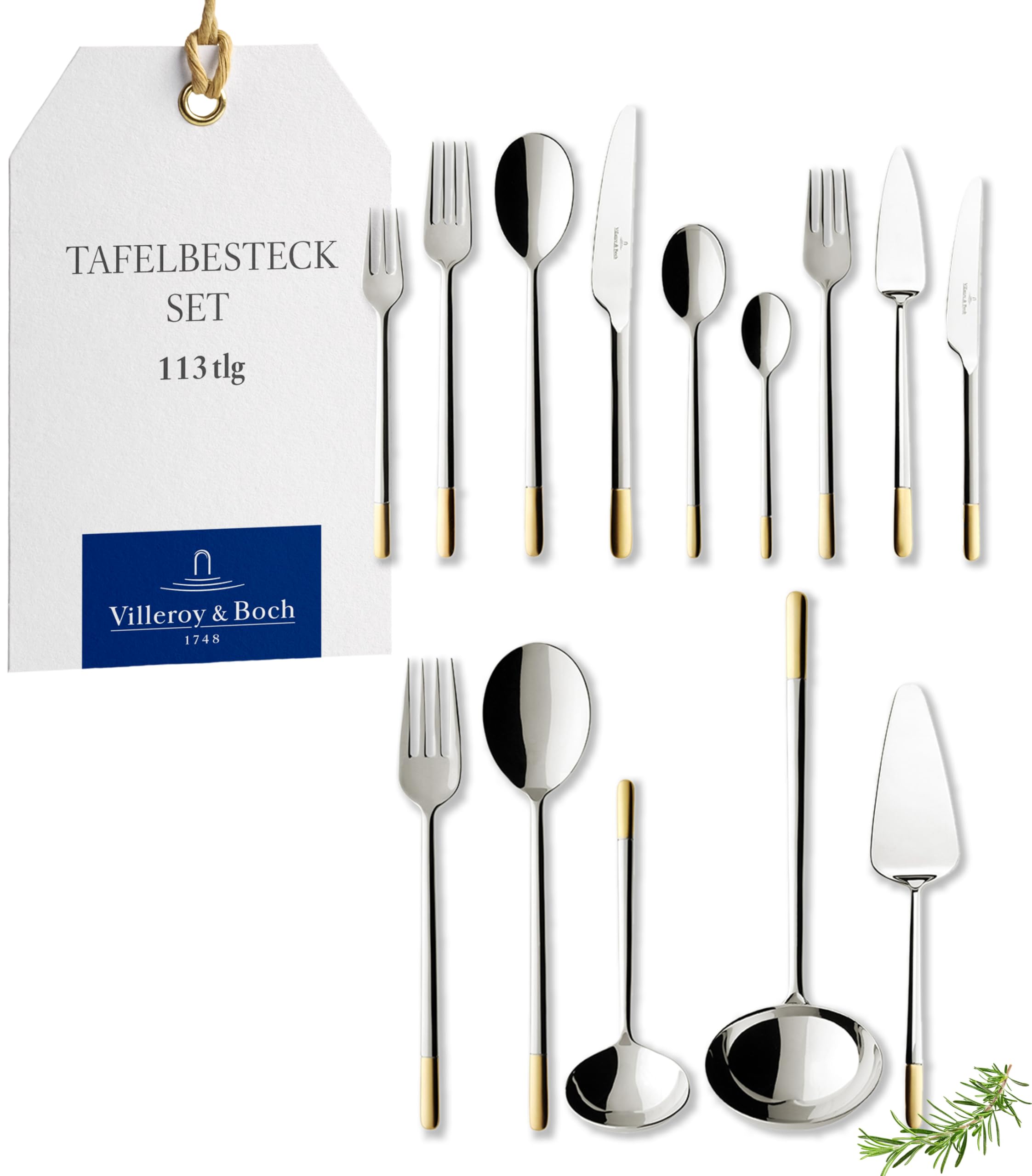 Villeroy & Boch - Ella Teilvergoldet Besteckset 113-teilig Silber, Spülmaschinenfest, Besteck Set für 12 Personen, Besteckset Platin, Besteck, Edelstahl