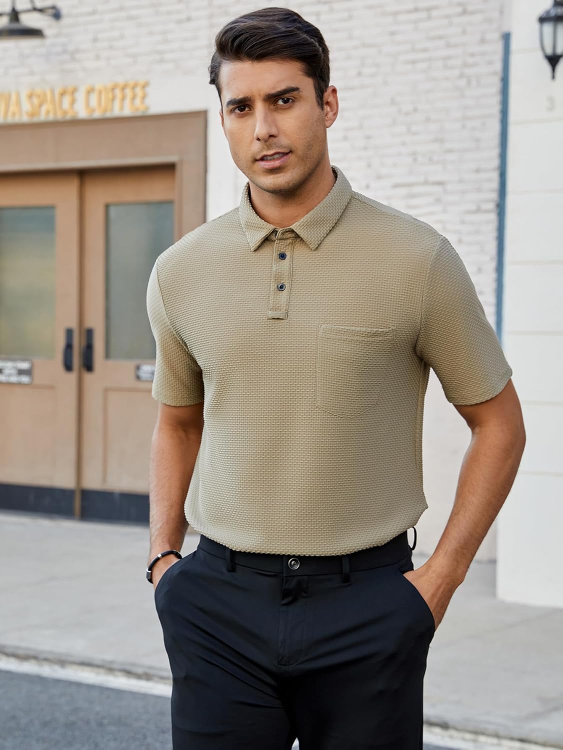 Men's Casual Short Sleeve Bubble Jacquard Polo Shirt Solid Collared T-Shirt Golf Polo Shirts with Pocket - Image 4