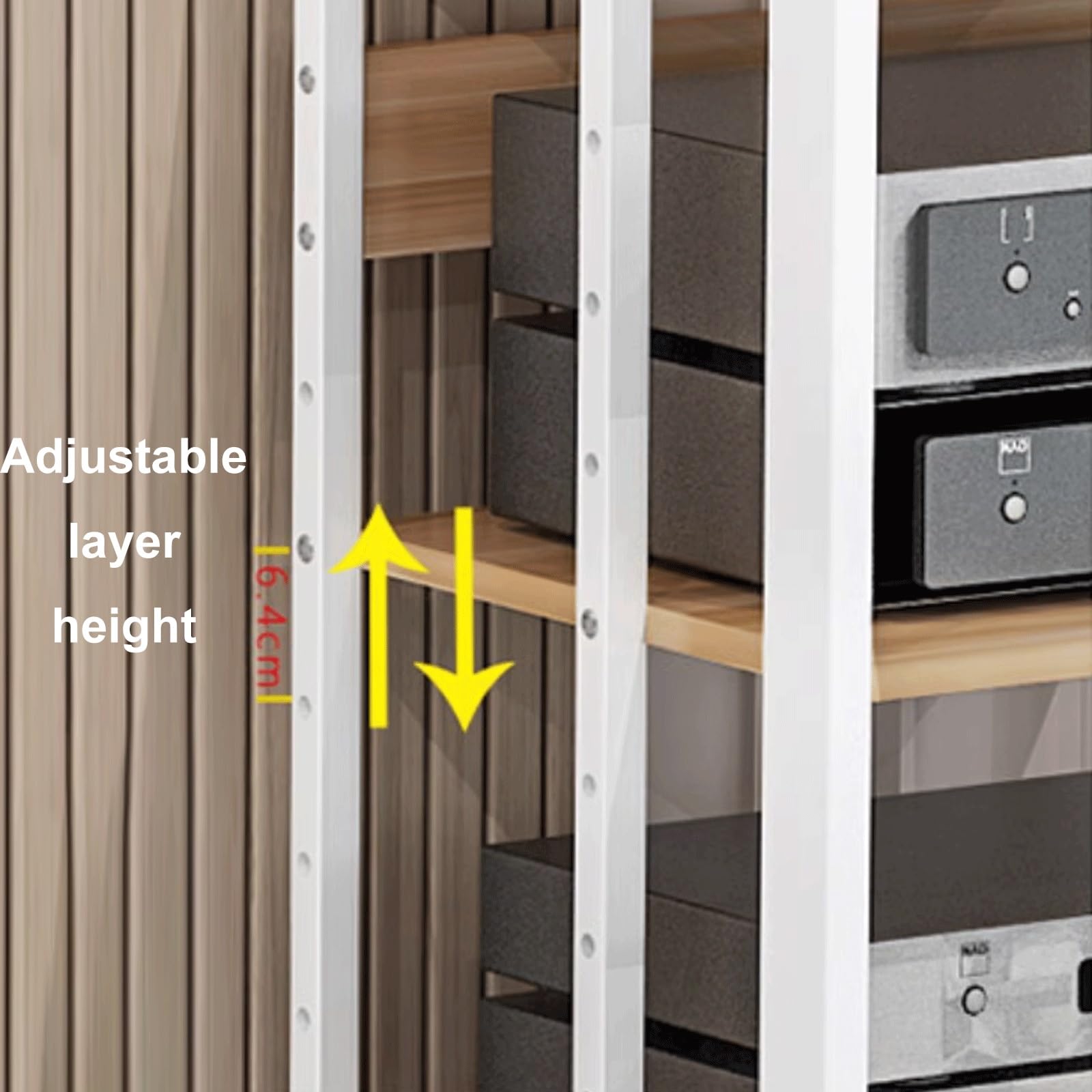 Regał Metalowy Stabilny Stojak Audio z Drewna Konstrukcyjnego + Stal, Stojak na Sprzęt Audio Minimalistyczny Wieża na Sprzęt Audio z Kółkami 3 Rozmiary 2 Kolory(White+natural,4 layer)
