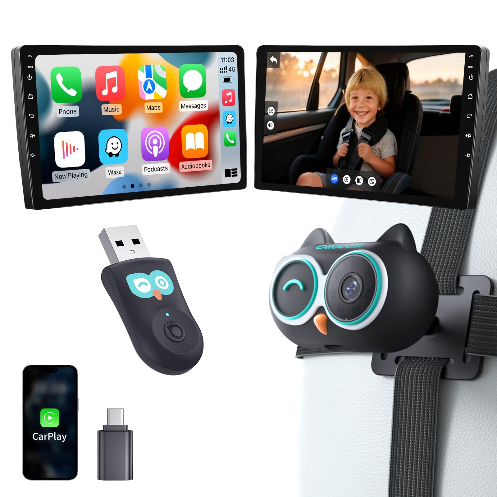 OTTOCAST Cabin Care 2026, 2-in-1 Adattatore CarPlay Wireless & Telecamera Bebè Auto 1080P, Visione Notturna IR, Grandangolo 150°, Monitor Sedile Posteriore, Compatibile con Auto CarPlay Cablate 2016+