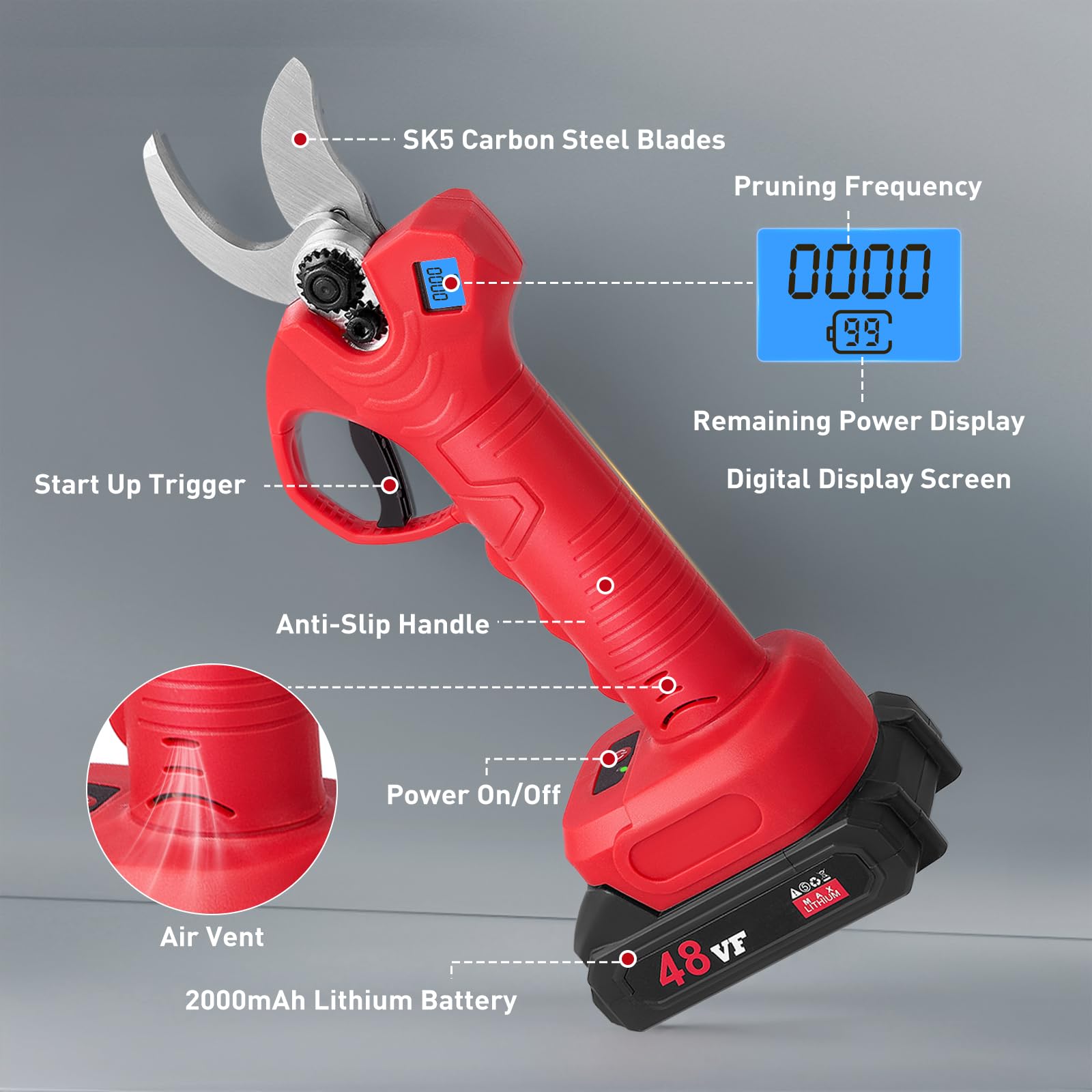 tijeras de podar eléctricas 30mm 600W Tijeras de Podar Bateria con 2 Baterías 2000mAh Trabajo Hasta 5 Horas Pantalla LCD Profesional Tijera de Podar para jardín,granja,ramas,arbustos,troncos