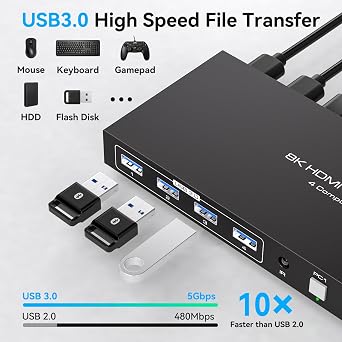 8K HDMI KVM Switch 4 Computers 4K144Hz EDID 4 Port KVM for 4 PC Sharing 1 Monitor and 4 USB 3.0 Devices with Remote Control