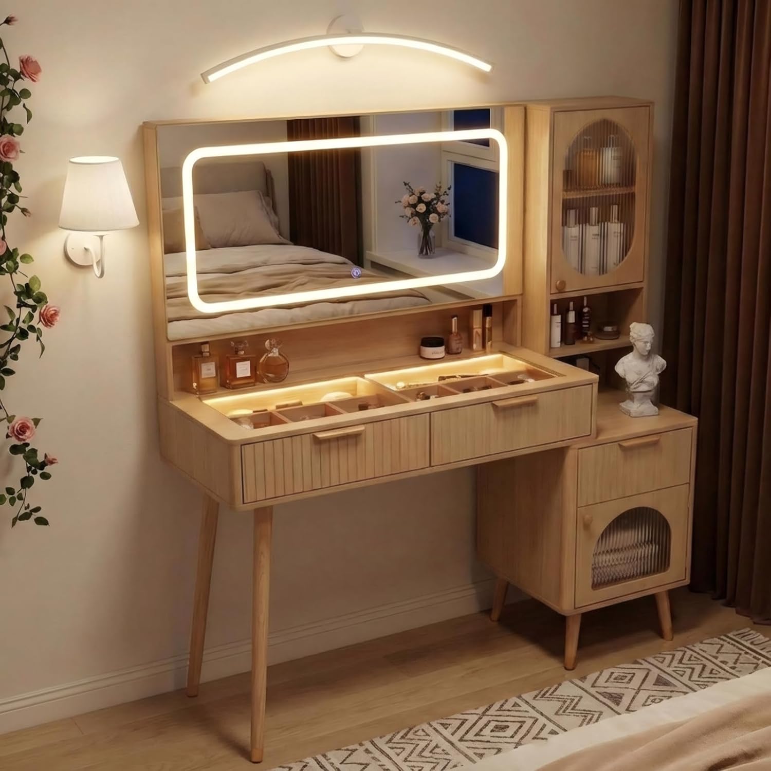 48" Fluted Makeup Vanity Desk with Mirror and Lights, Natural Oak Vanity with Motion Sensor Drawer Lights & Charging Station, Wood Vanity Desk with Cabinet 5 Drawers (Natural Oak - Open Shelf)