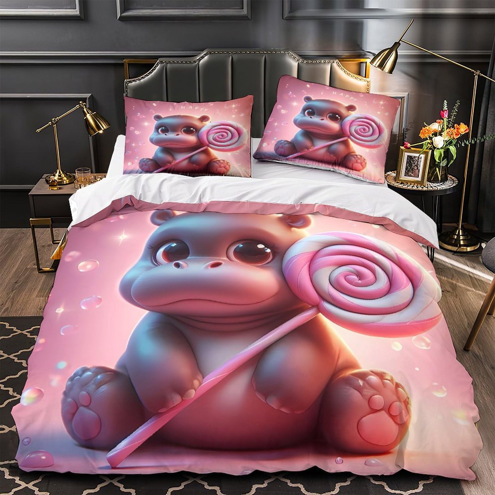 Housse de Couette Hippopotame Super Douce et Anti-Plis avec Fermeture Éclair