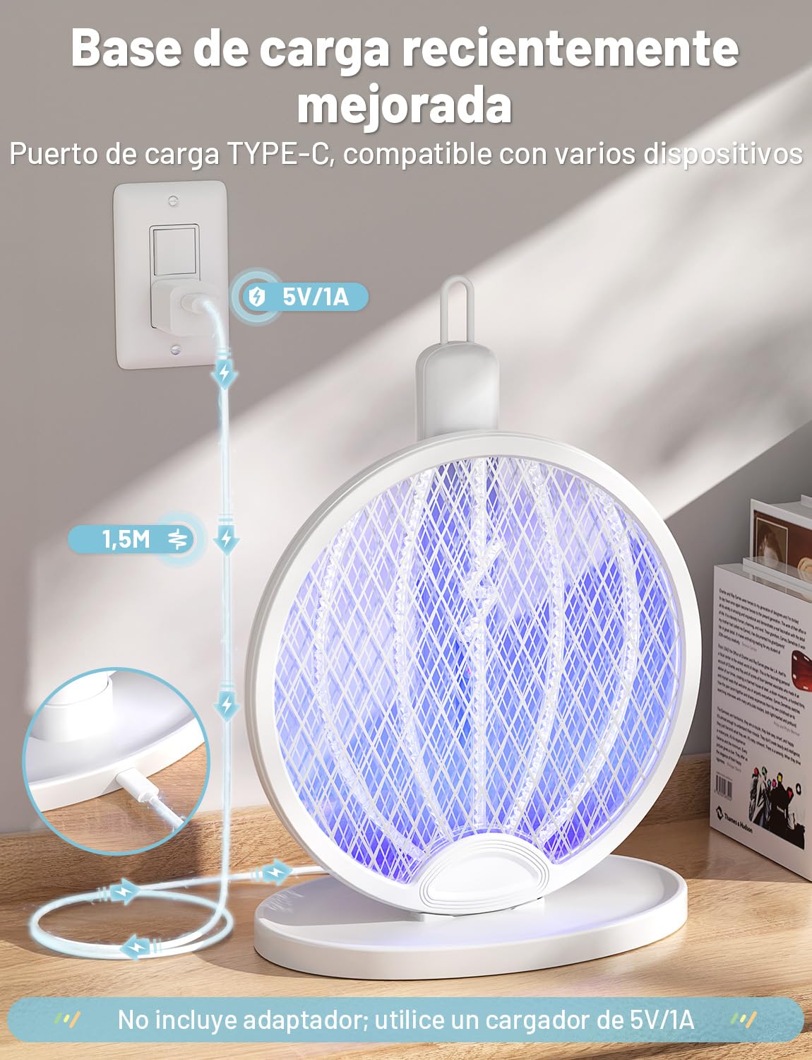 YISSVIC Raqueta Mosquitos Electrica Mata Mosquitos Electrico Plegable 3 en 1 4000V 1800mAh con Base Recargable USB-C Matamoscas Electrico de Luz UV para Mata Mosquitos, Polillas y Hormigas Voladoras - 5